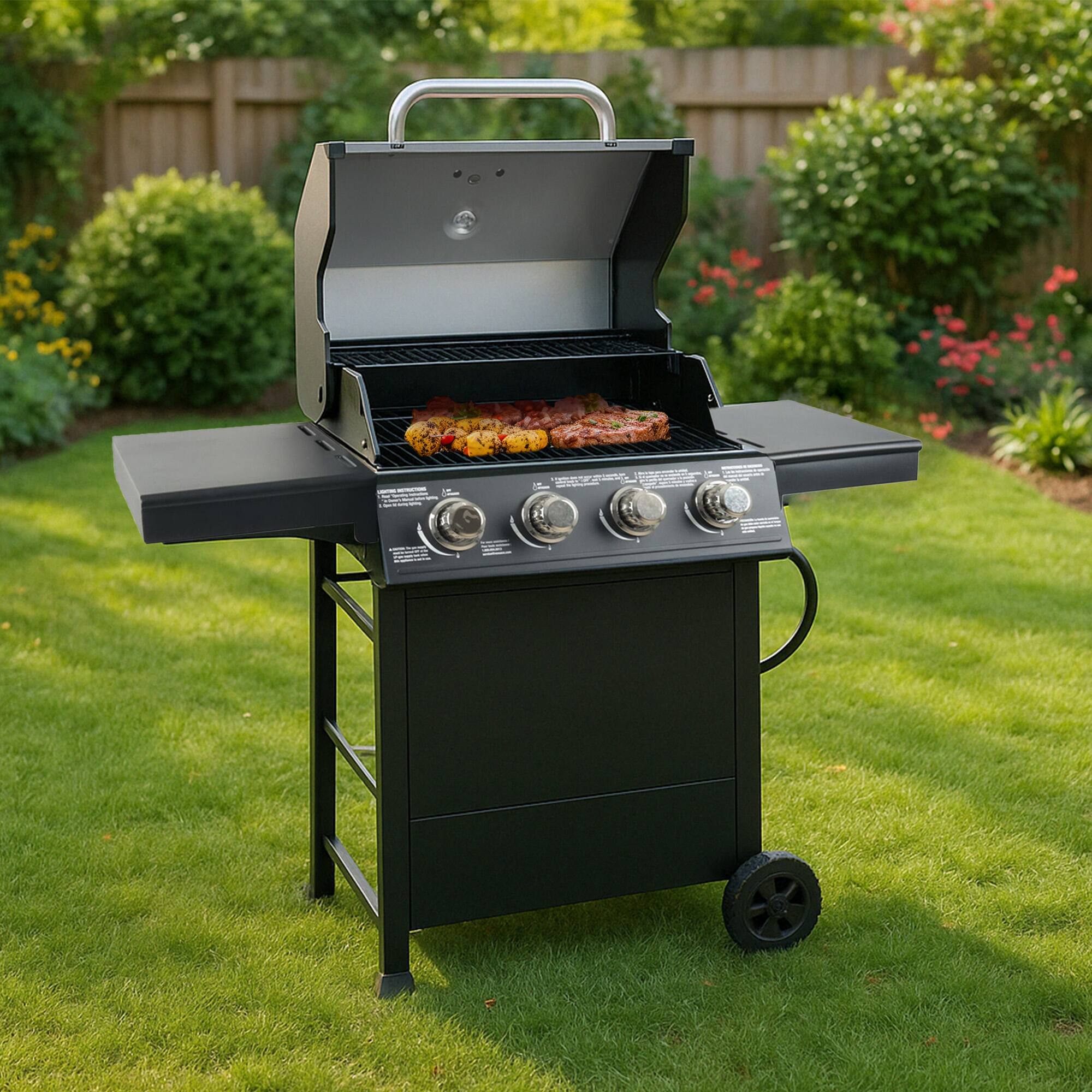 Alt View 3. Grill Boss - Grill Boss 4-Burner Outdoor Propane Gas Grill with Side Burner and Wheels, Black - Silver, Black.