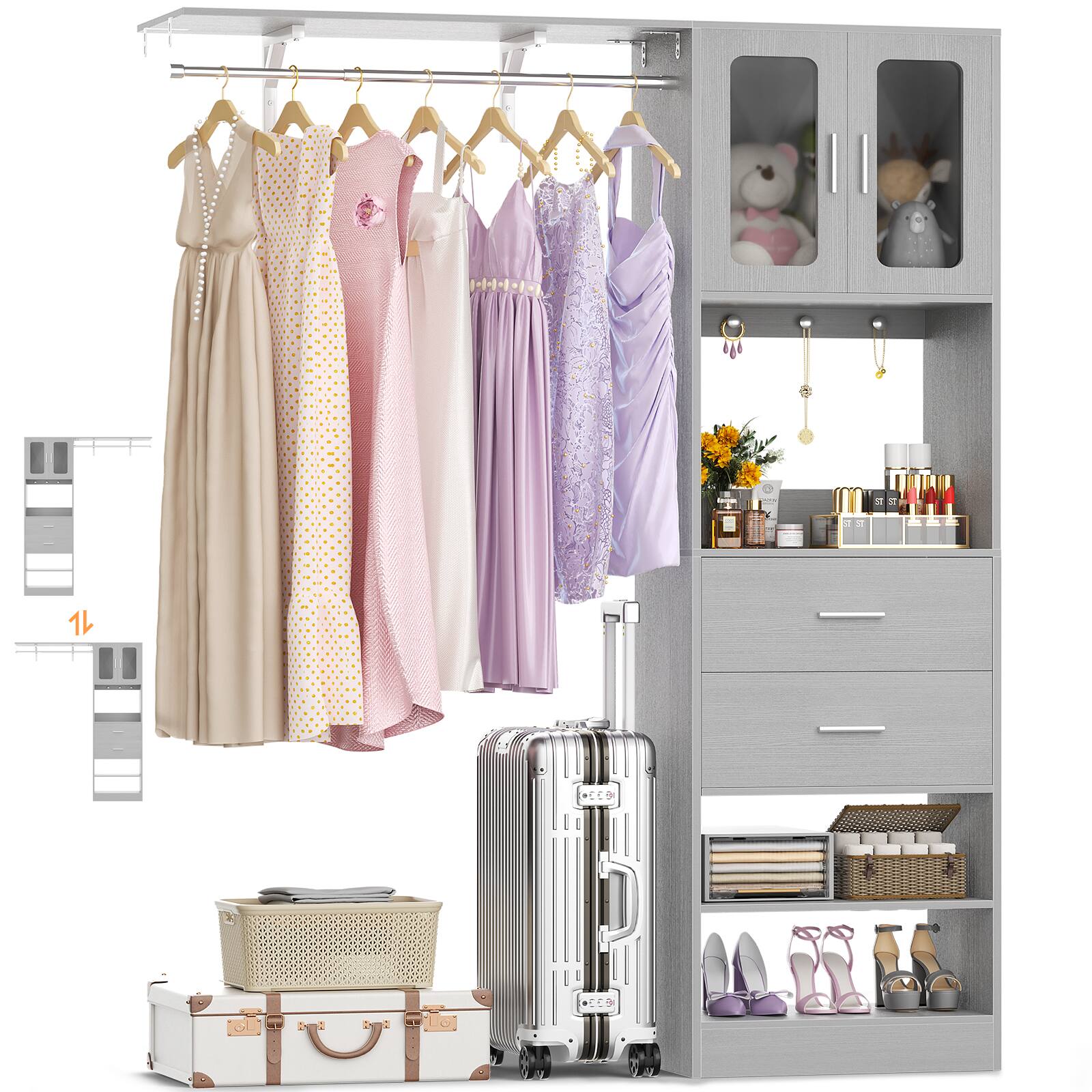 Alt View 2. Aheaplus - 5FT Wall-Mounted Closet Organizer with Drawers, Hanging Rod, and Shelves, Sturdy & Easy Assembly - Gray.