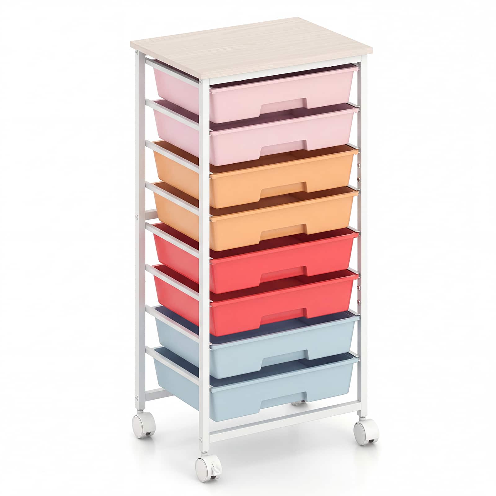 Costway - 8-Drawer Art & Craft Storage Cart, Storage Cart with 4 Universal Wheels, Metal Frame for Home 15"L - 15"L Macaron
