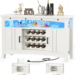 Aheaplus - Wine Cabinet with Charging Station and LED Lights, Liquor Cabinet with Movable Wooden Wine Rack - White