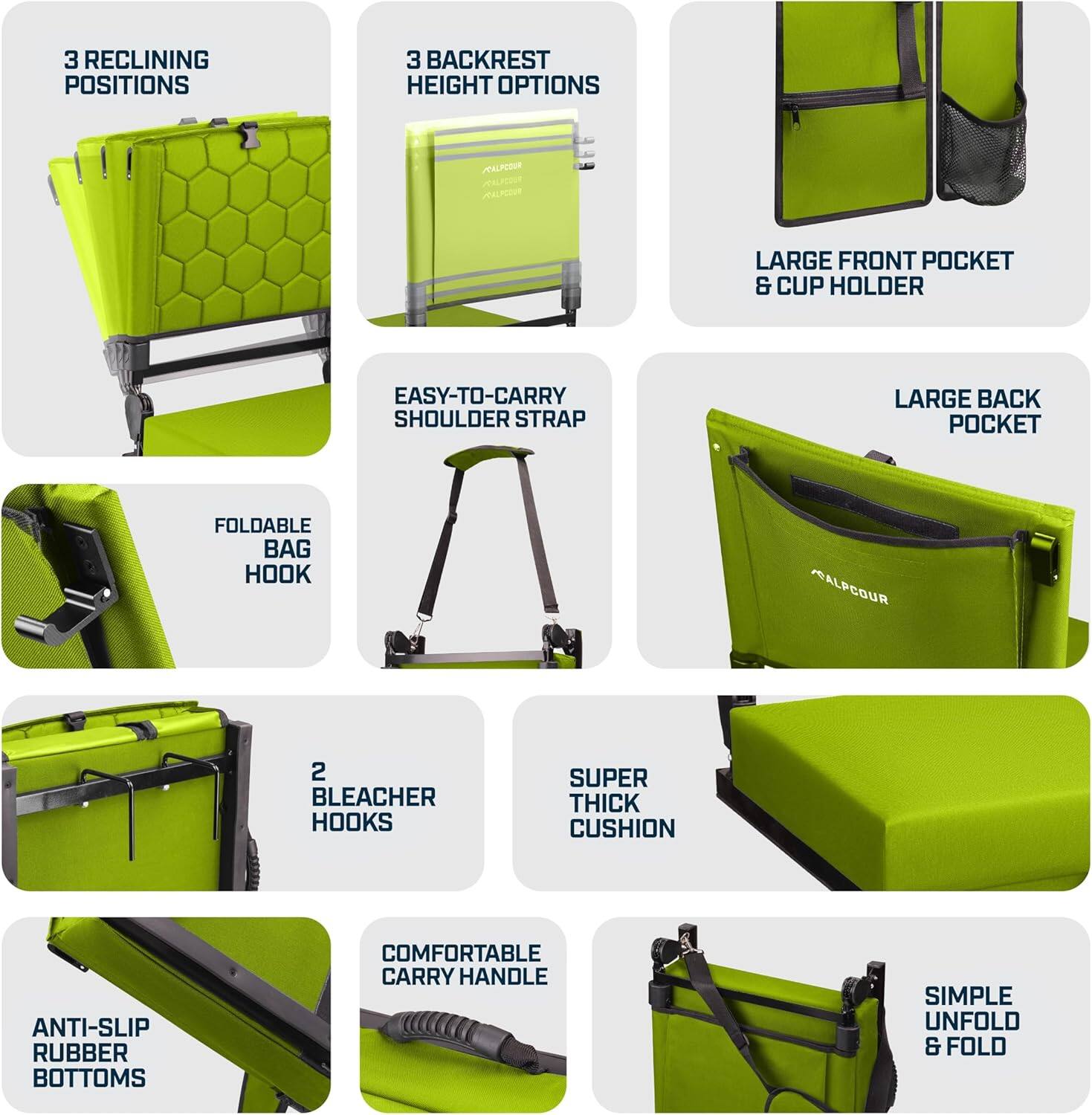 - 3 RECLINING POSITIONS
- 3 BACKREST HEIGHT OPTIONS
- LARGE FRONT POCKET & CUP HOLDER
- LARGE BACK POCKET
- EASY-TO-CARRY SHOULDER STRAP
- FOLDABLE BAG HOOK
- 2 BLEACHER HOOKS
- SUPER THICK CUSHION
- COMFORTABLE CARRY HANDLE
- ANTI-SLIP RUBBER BOTTOMS
- SIMPLE UNFOLD & FOLD