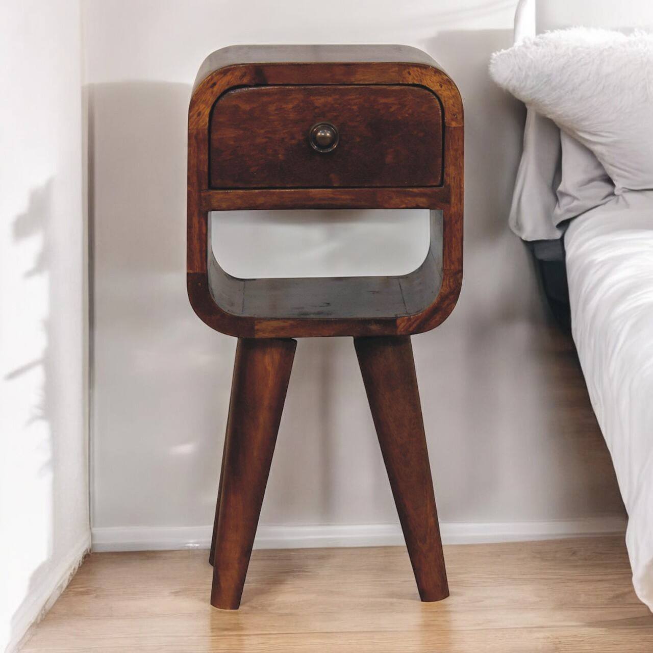 Angle. Artisan Furniture - Artisan Furniture Solid Wood Extra Mini Chestnut Curve Lower Bedside, 1 Drawer, 1 Open Slot, Dark Brown - Dark Brown.