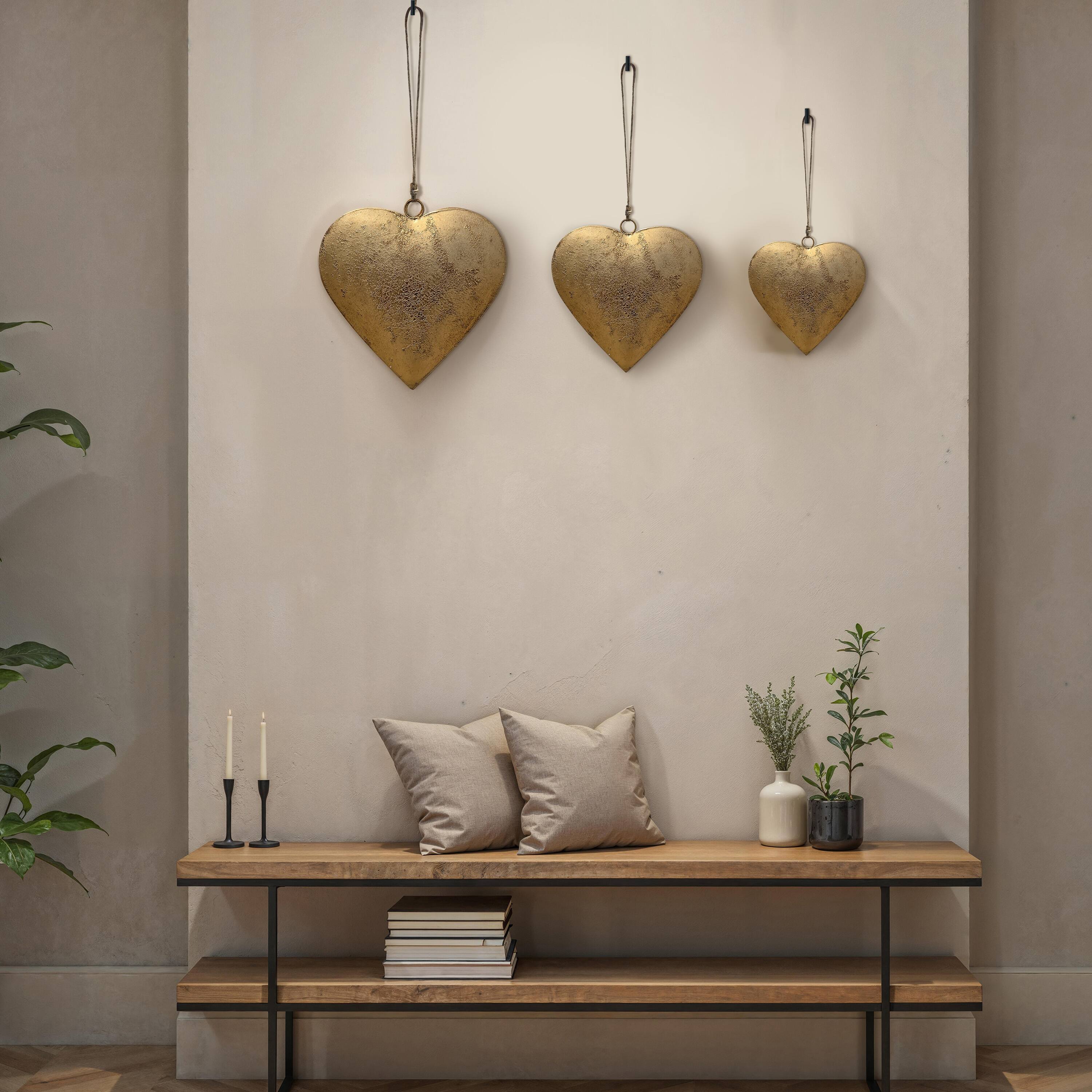 Alt View 8. Manhattan Lane - Myri Decorative Metal Heart Wall Decor Set of 3, Antique Gold Iron with Jute Hanging Rope, 12, 9.5, 7 Inches - Gold.