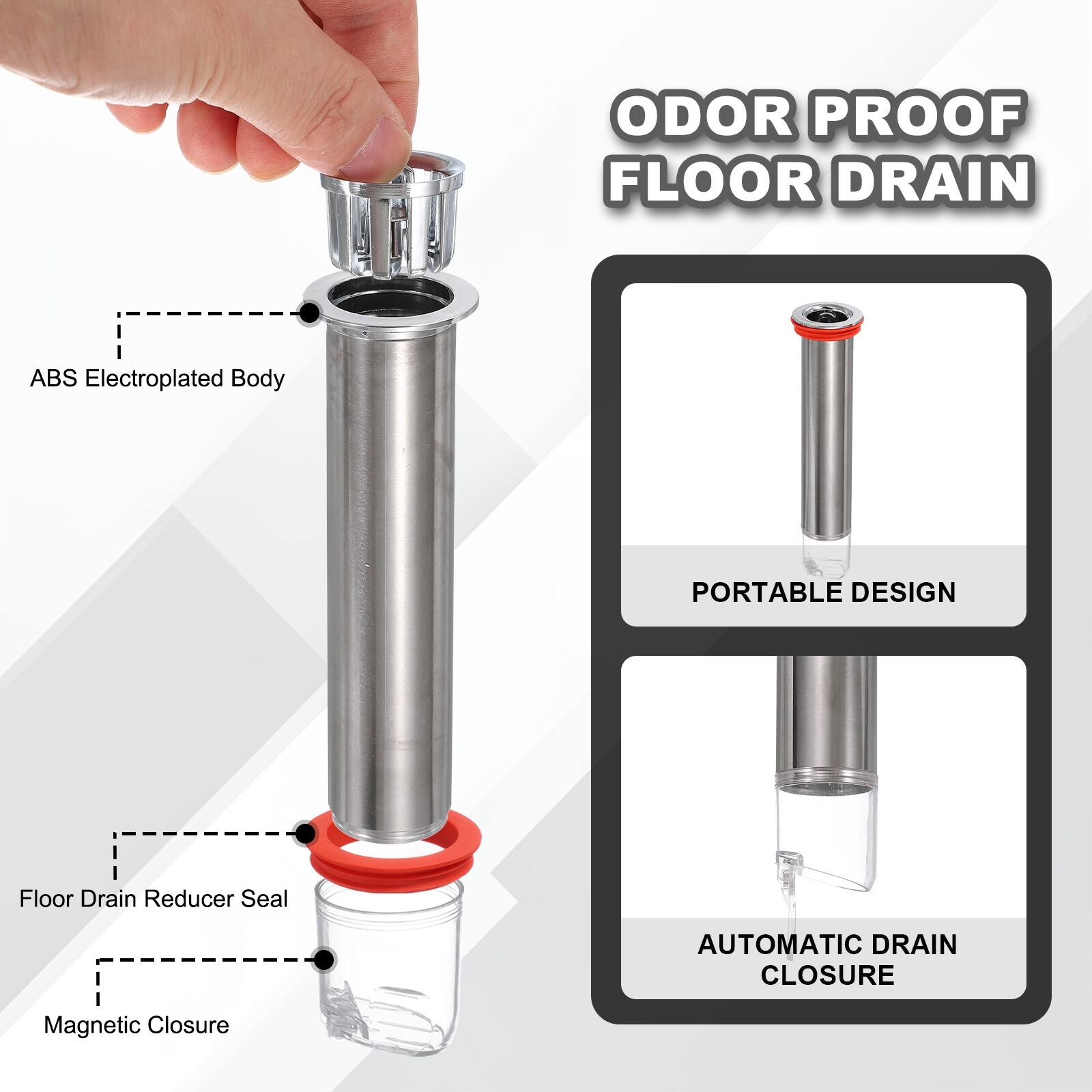 ODOR PROOF FLOOR DRAIN  
ABS Electroplated Body  
PORTABLE DESIGN  
Floor Drain Reducer Seal  
AUTOMATIC DRAIN CLOSURE  
Magnetic Closure