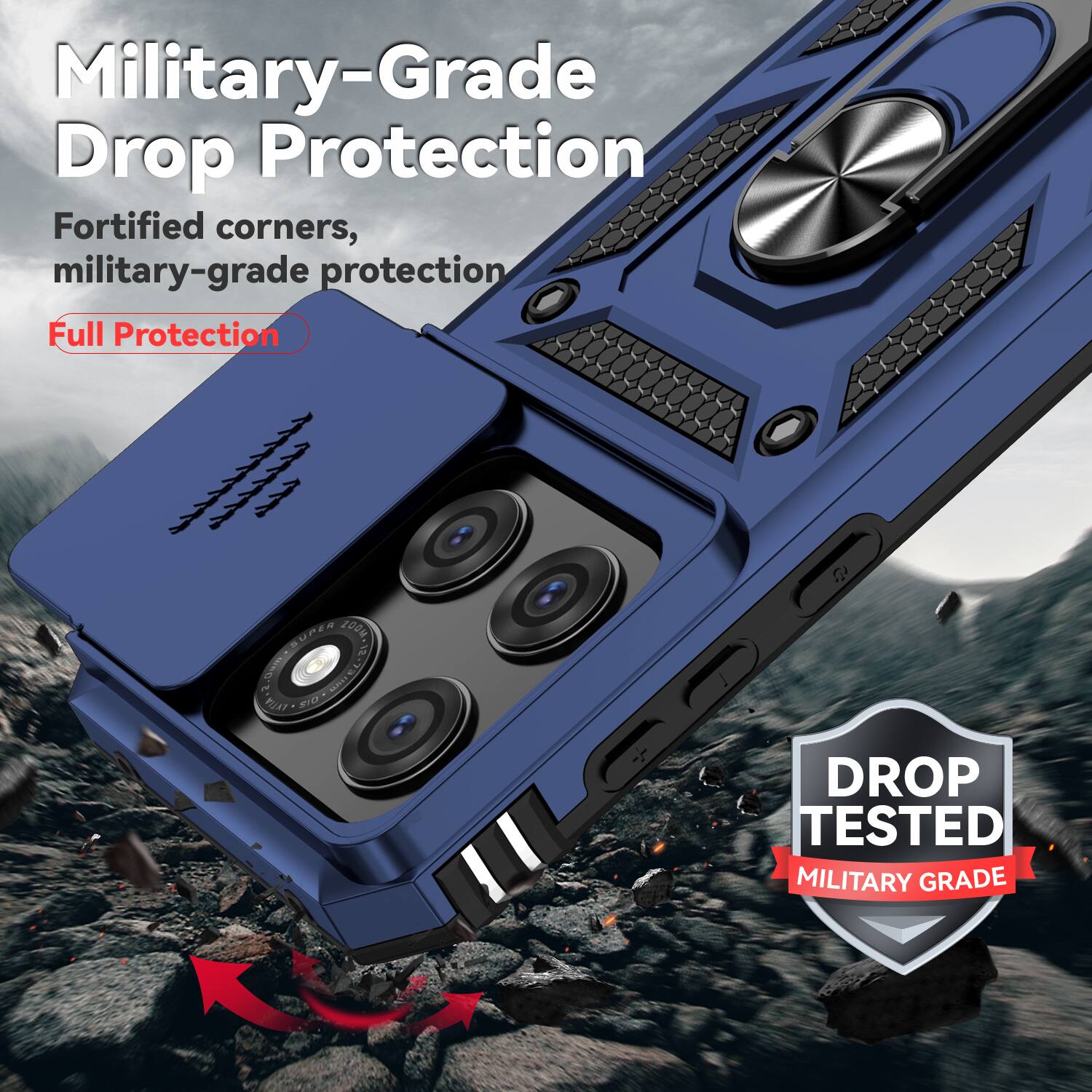 Military-Grade Drop Protection  
Fortified corners, military-grade protection  
Full Protection  

SUPER 100  
OURABUPER  
Noet .73100  
POAT SO  

DROP TESTED  
MILITARY GRADE