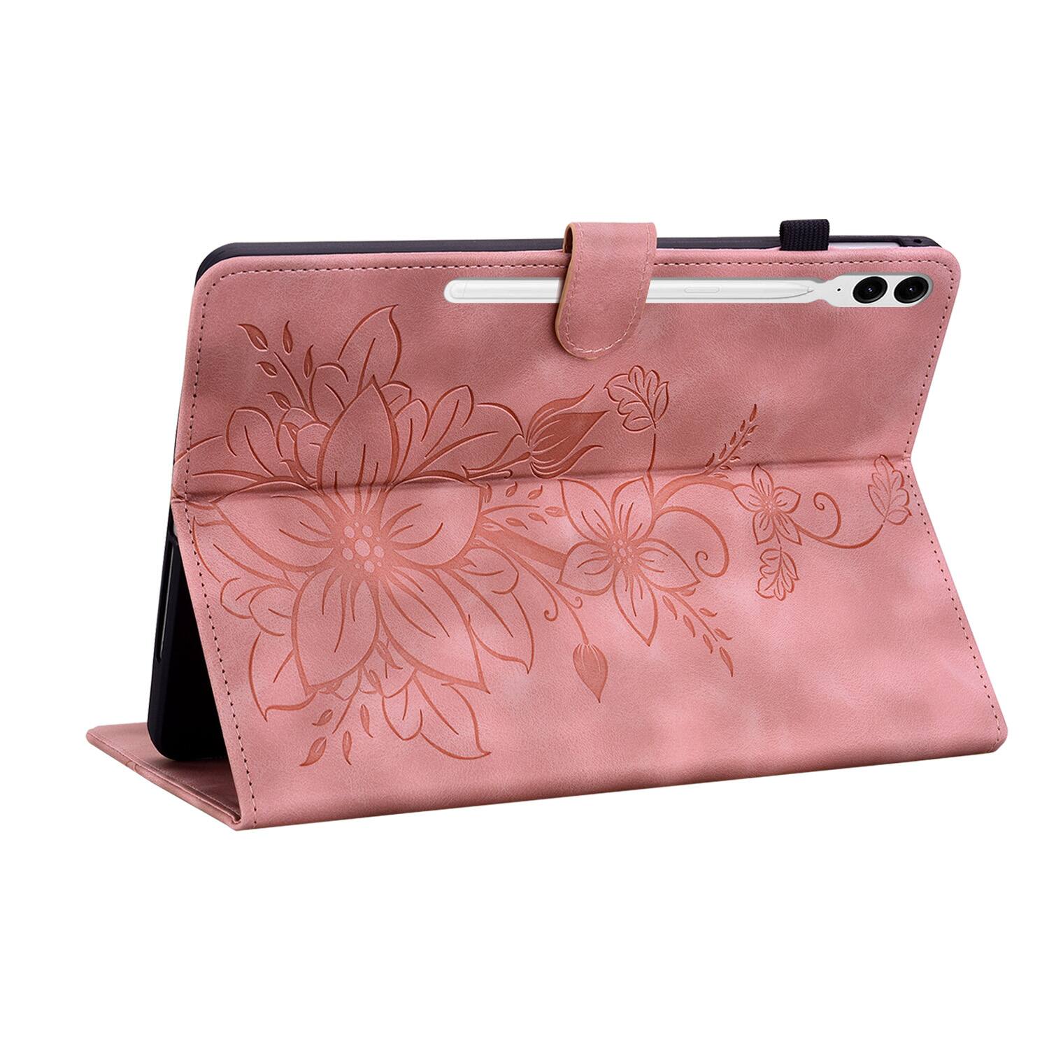 Left. Dteck - Case for Samsung Galaxy Tab S9 FE+ 12.4" 2023 (SM-X610/X616),Embossed Pattern PU Leather Flip Card Holder Stand Cover - Pink.