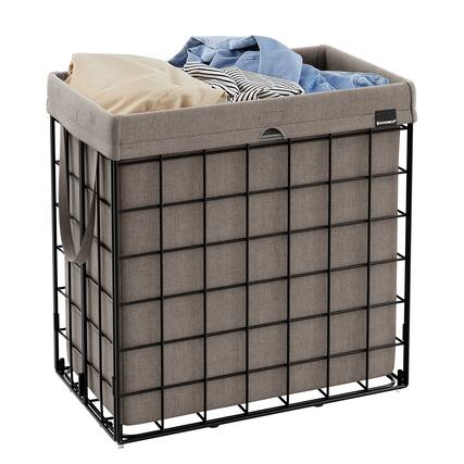 Front. Songmics Home - 110L Laundry Basket, Collapsible Washing Basket, Laundry Hamper, Removable and Washable Liner, Metal Wire Frame - Black and Camel Brown.