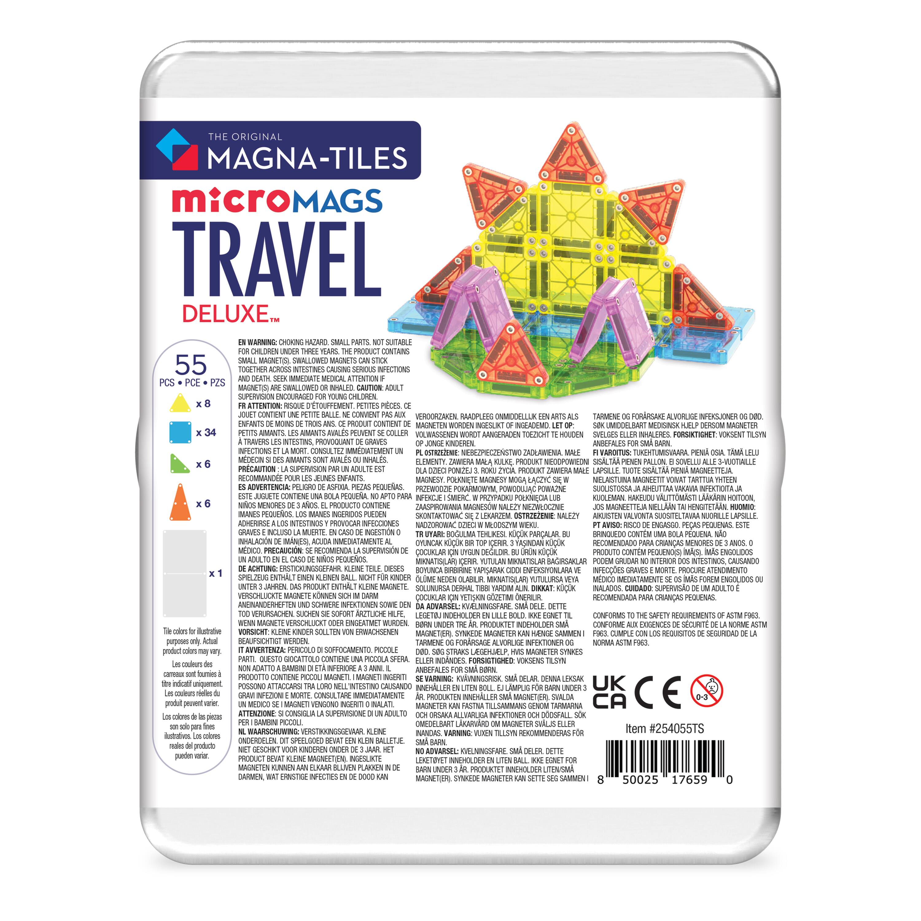 Sure, here is the corrected and grouped text from the image:

---

**THE ORIGINAL MAGNA-TILES**

**microMAGS TRAVEL DELUXE**

**55 PCS + 1 PZS**

- **WARNING:** CHOKING HAZARD - SMALL PARTS. NOT SUITABLE FOR CHILDREN UNDER THREE YEARS. THE PRODUCT CONTAINS MAGNETS. IF SWALLOWED, SEVERE INJURIES AND DEATH CAN RESULT. SEEK IMMEDIATE MEDICAL ATTENTION IF SWALLOWED. SUPERVISION ENCOURAGED FOR YOUNG CHILDREN.

- **ATTENTION:** RISQUE D'ÉTOUFFEMENT - PETITES PIÈCES. CE PRODUIT CONTIENT DES AIMANTS. SI INGESTION, RISQUE DE DOMMAGES GRAVES ET DE MORT. RECHERCHEZ IMMÉDIATEMENT UNE ATTENTION MÉDICALE. SUPERVISION RECOMMANDÉE POUR LES JEUNES ENFANTS.

- **ADVERTENCIA:** RIESGO DE AHOGAMIENTO - PEQUEÑAS PIEZAS. ESTE PRODUCTO CONTIENE IMÁN. SI SE INGESTA, PUEDE CAUSAR