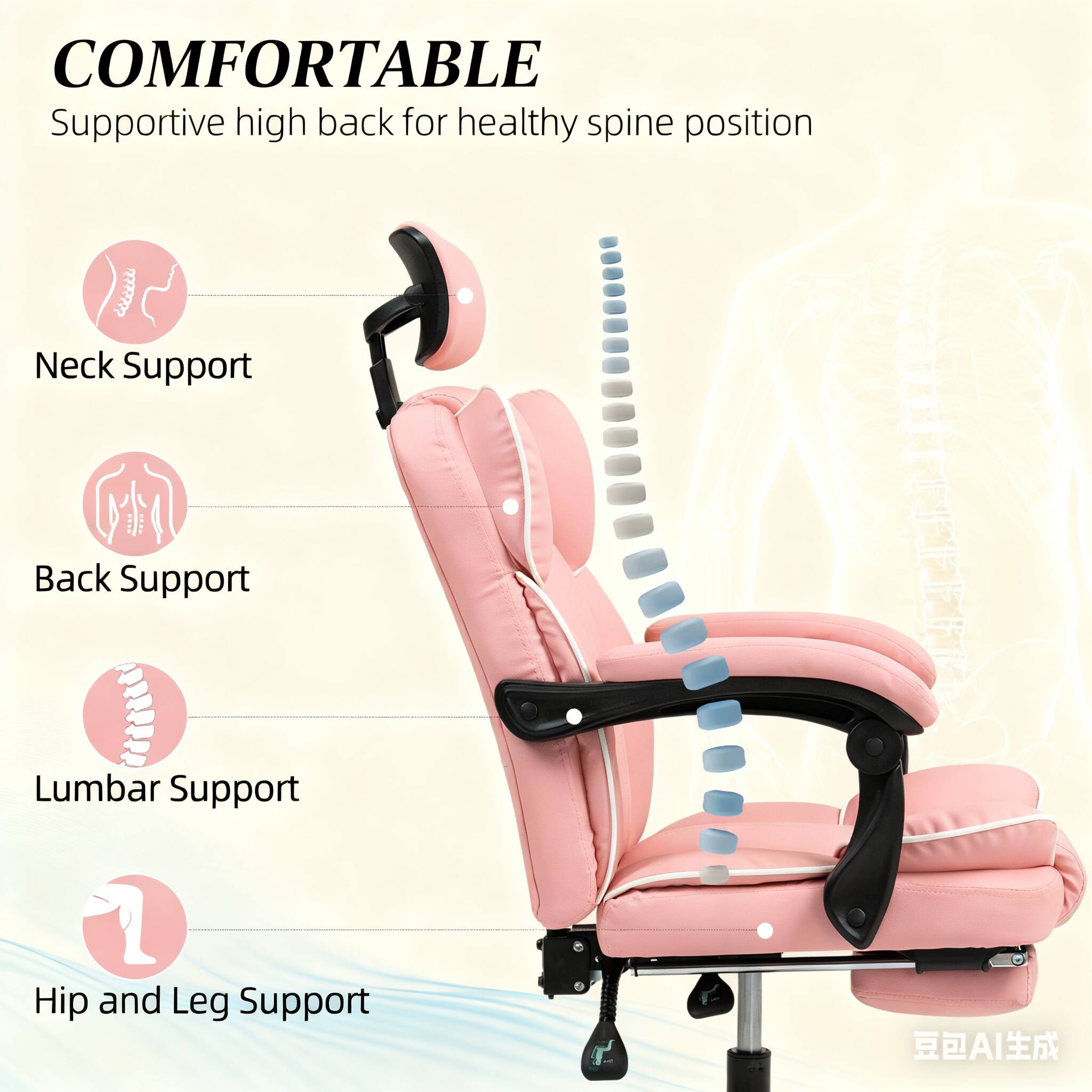 COMFORTABLE  
Supportive high back for healthy spine position  

- Neck Support  
- Back Support  
- Lumbar Support  
- Hip and Leg Support