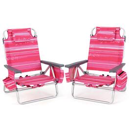Gymax - 2 PCS Beach Chair 5-Position Outdoor Reclining Chairs w/ Head Pillow & Storage Bag - Pink
