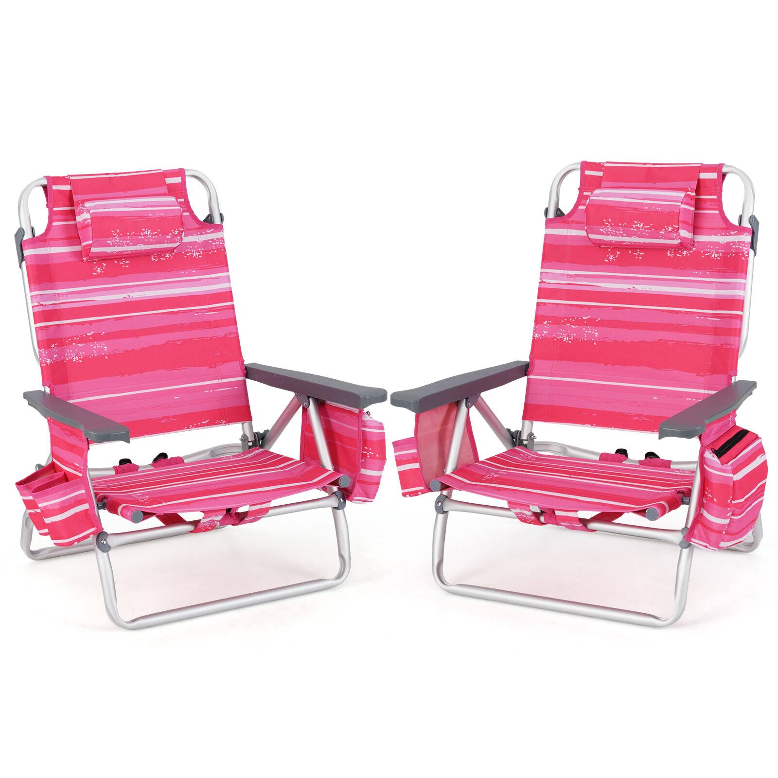 Front. Gymax - Gymax 2 PCS Beach Chair 5-Position Outdoor Reclining Chairs w/ Head Pillow & Storage Bag Pink - Pink.