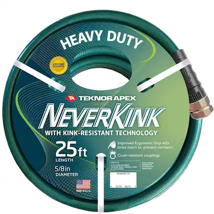 HEAVY DUTY LIFETIME GUARANTEE
TEKNOR APEX NEVERKINK
WITH KINK-RESISTANT TECHNOLOGY
Improved Ergonomic Grip with brass insert to prevent corrosion
25ft LENGTH
5/8in DIAMETER
MADE IN U.S.A
00508040617-25
31724 86172 1