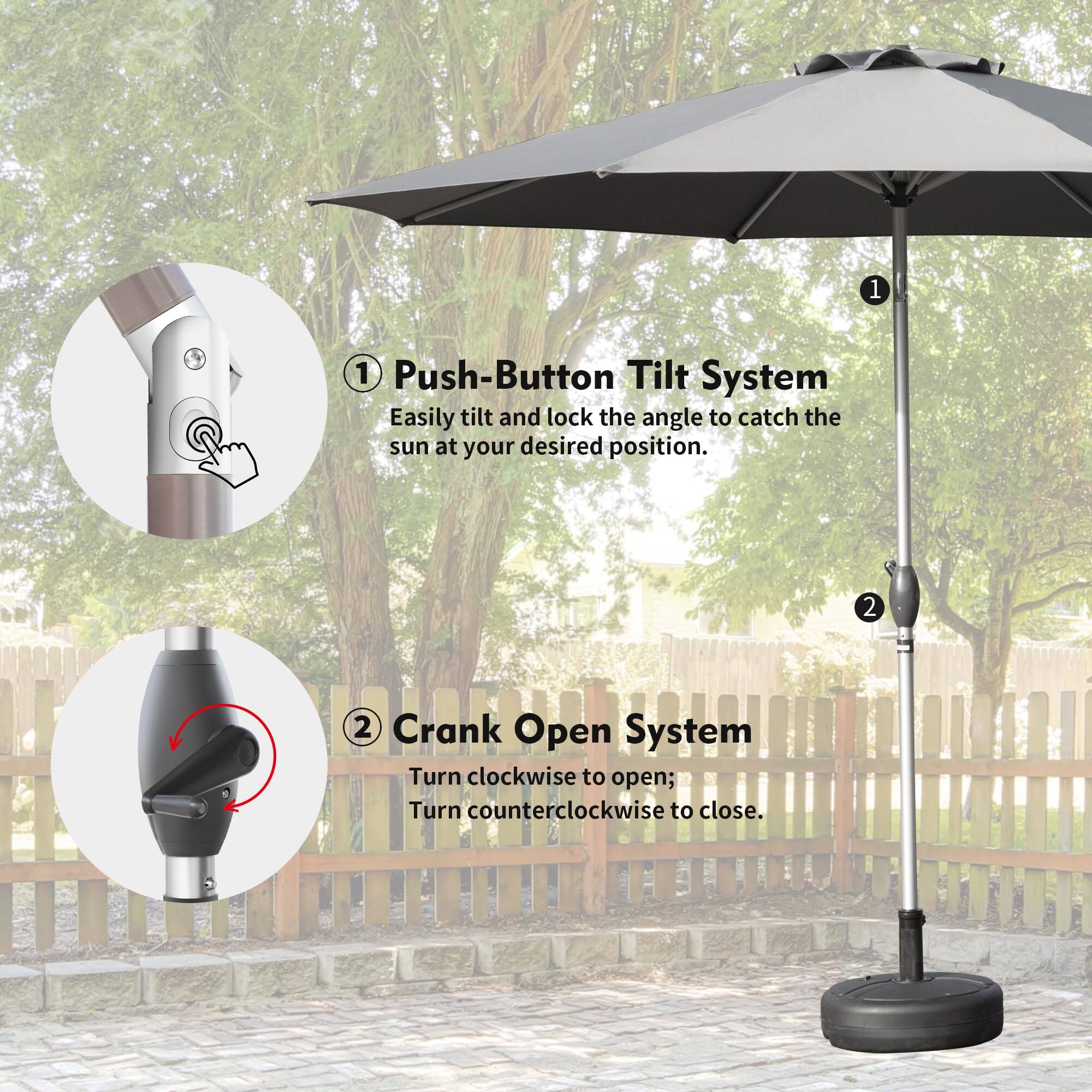 1. Push-Button Tilt System  
   Easily tilt and lock the angle to catch the sun at your desired position.

2. Crank Open System  
   Turn clockwise to open; Turn counterclockwise to close.