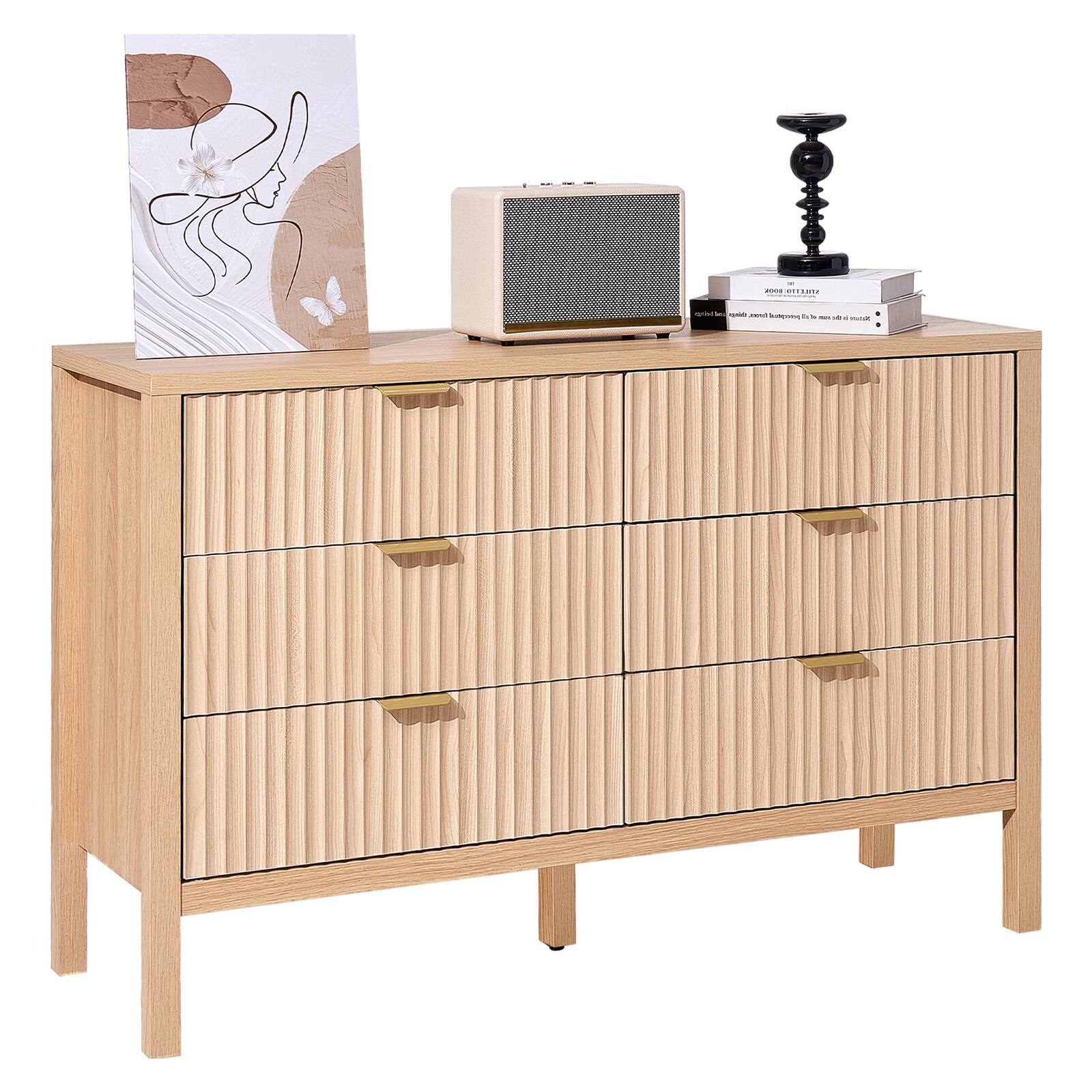 Front. VEVOR - 6 Fluted Drawer Dresser, Wooden Chest of Drawers with Sliding & Anti-tip Device, Modern Minimalist Dresser Chest - Wooden.