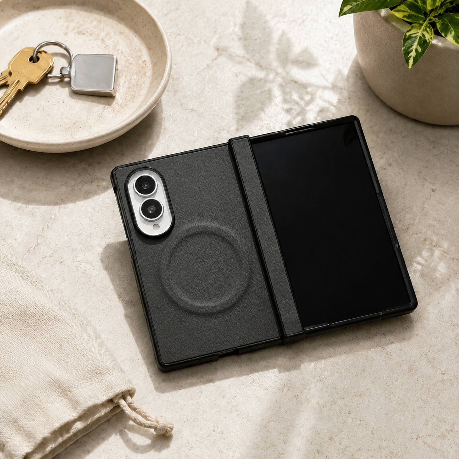 Left. Dteck - Magnetic Hinge Protection Case for Samsung Galaxy Z Fold8, Shockproof PC+TPU Wireless Charging Folio Cover - Black.