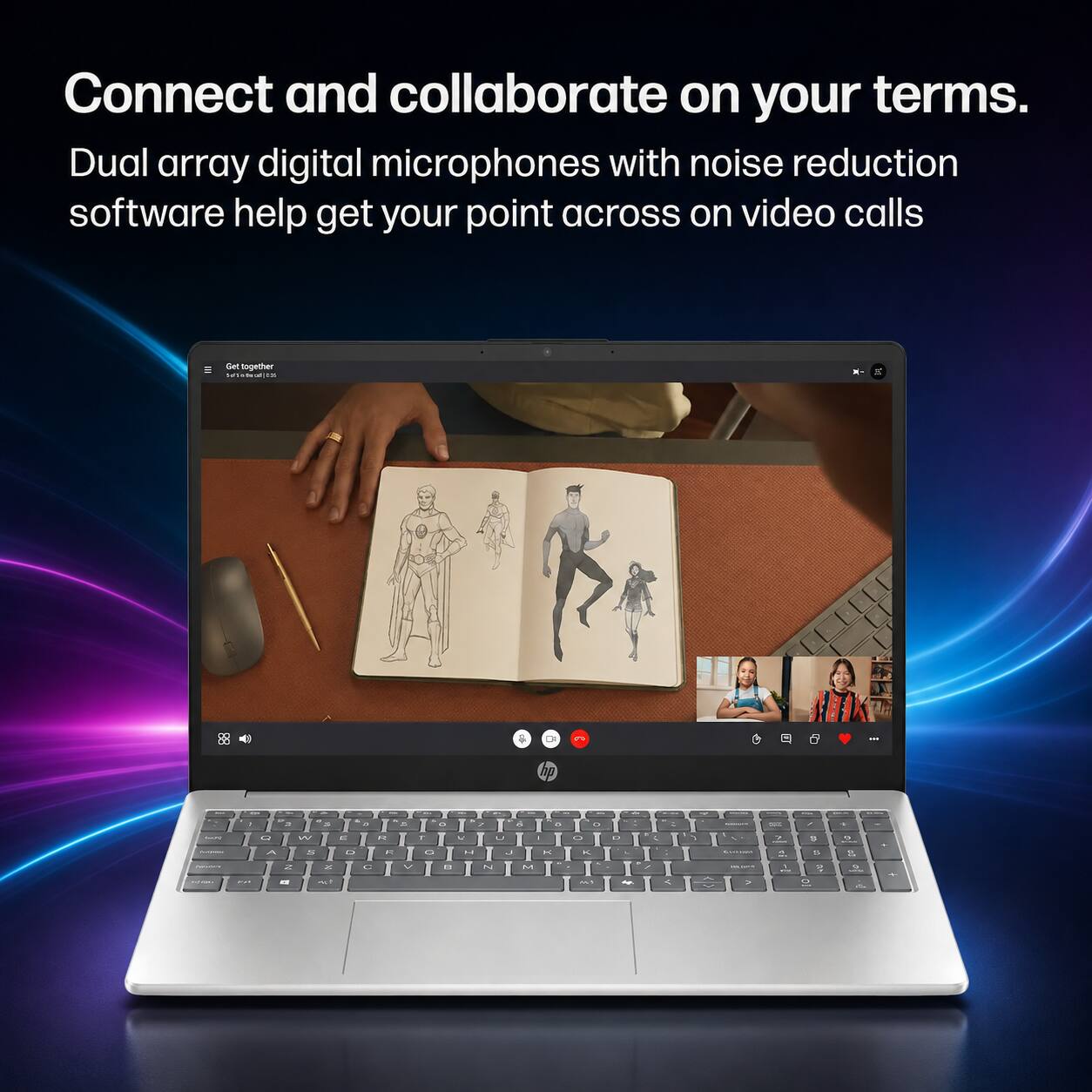 Connect and collaborate on your terms.  
Dual array digital microphones with noise reduction software help get your point across on video calls