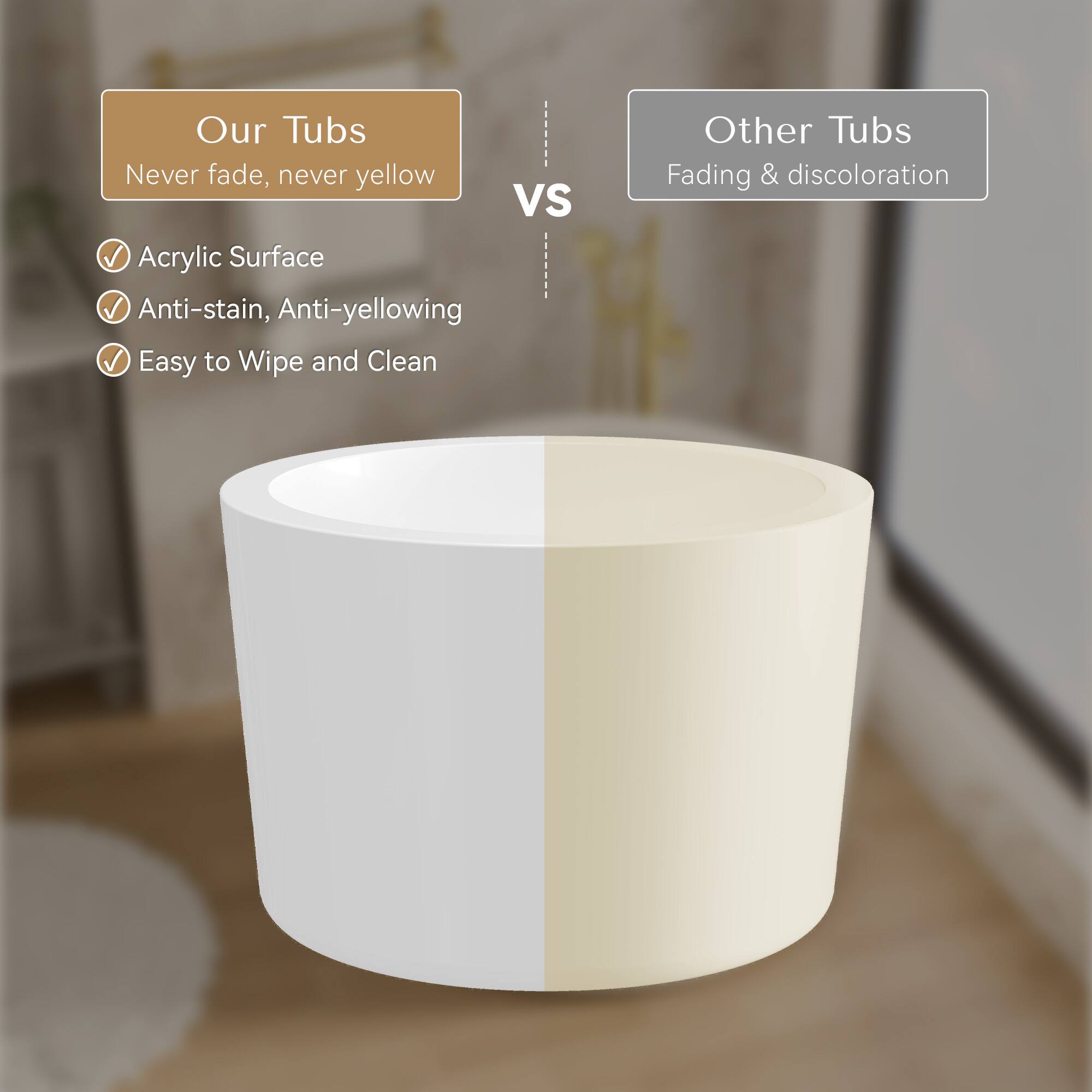 Our Tubs
Never fade, never yellow

Acrylic Surface
Anti-stain, Anti-yellowing
Easy to Wipe and Clean

Other Tubs
Fading & discoloration
