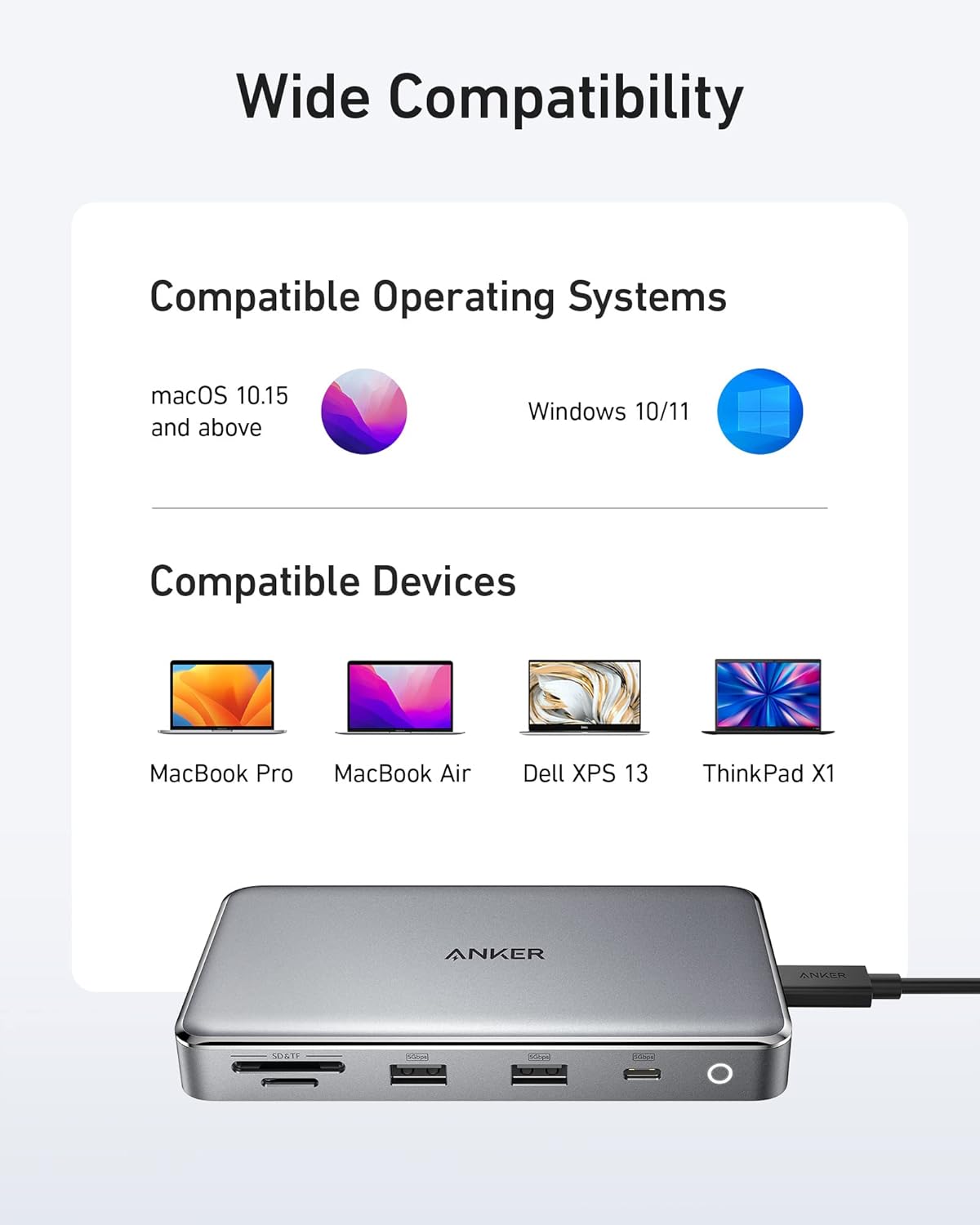 Wide Compatibility

Compatible Operating Systems
- macOS 10.15 and above
- Windows 10/11

Compatible Devices
- MacBook Pro
- MacBook Air
- Dell XPS 13
- ThinkPad X1