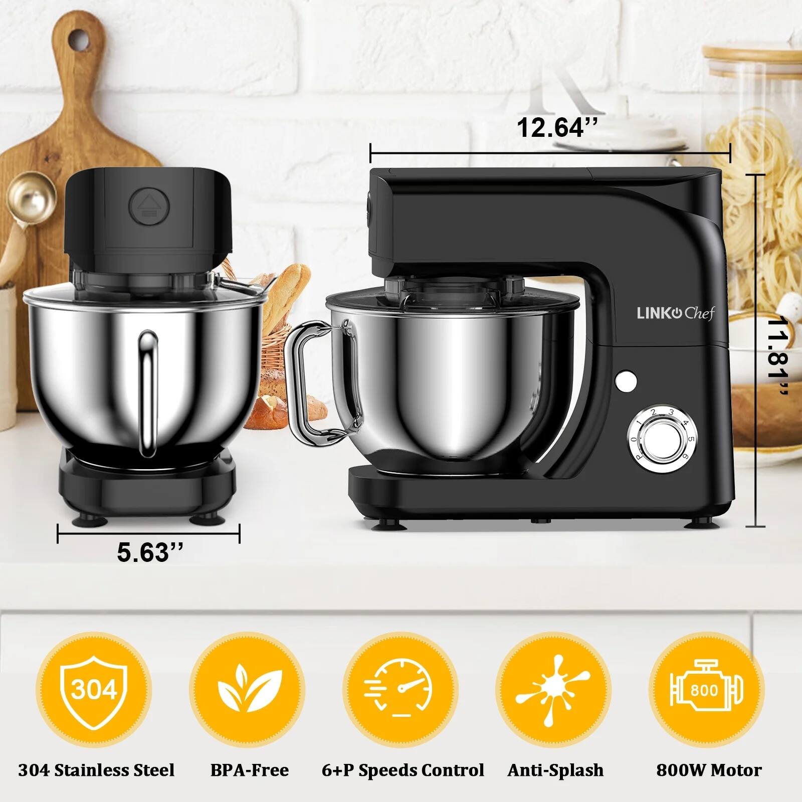 12.64" LINKO Chef 11.81" 5.63" 304 Stainless Steel BPA-Free 6+P Speeds Control Anti-Splash 800W Motor