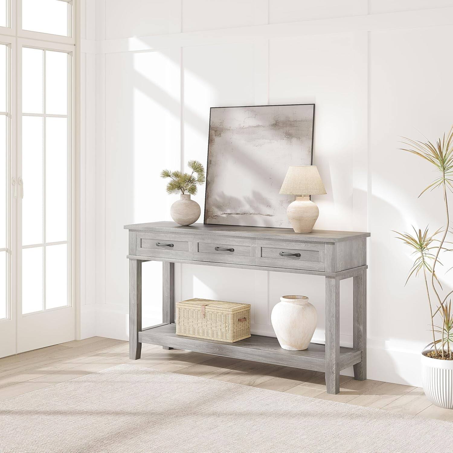 Front. Homhougo - 54-Inch Farmhouse Console Table with 3 Drawers - Gray Finish, Open Shelf for Living Room Storage - Gray.