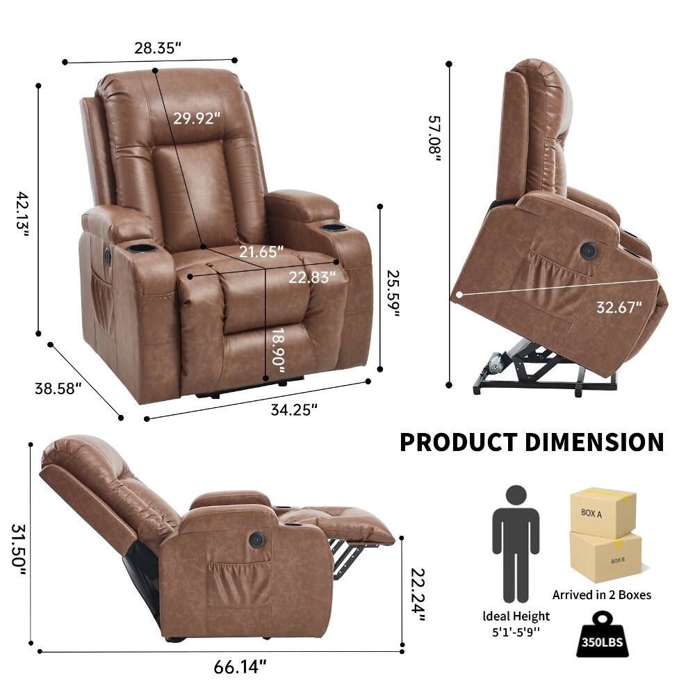 28.35"  
42.13" 38.58"  
29.92" 21.65" 22.83" 18.90" 34.25"  
57.08" 25.59" 32.67"  
PRODUCT DIMENSION  
31.50"  
66.14"  
22.24"  
BOX A BOX B  
Arrived in 2 Boxes  
Ideal Height 5'1"-5'9"  
350LBS