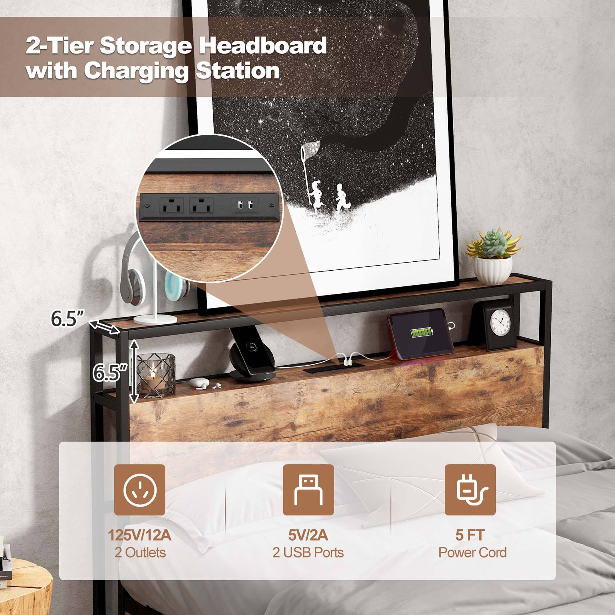 2-Tier Storage Headboard with Charging Station, 6.5", 125V/12A 2 Outlets, 5V/2A 2 USB Ports, 5 FT Power Cord