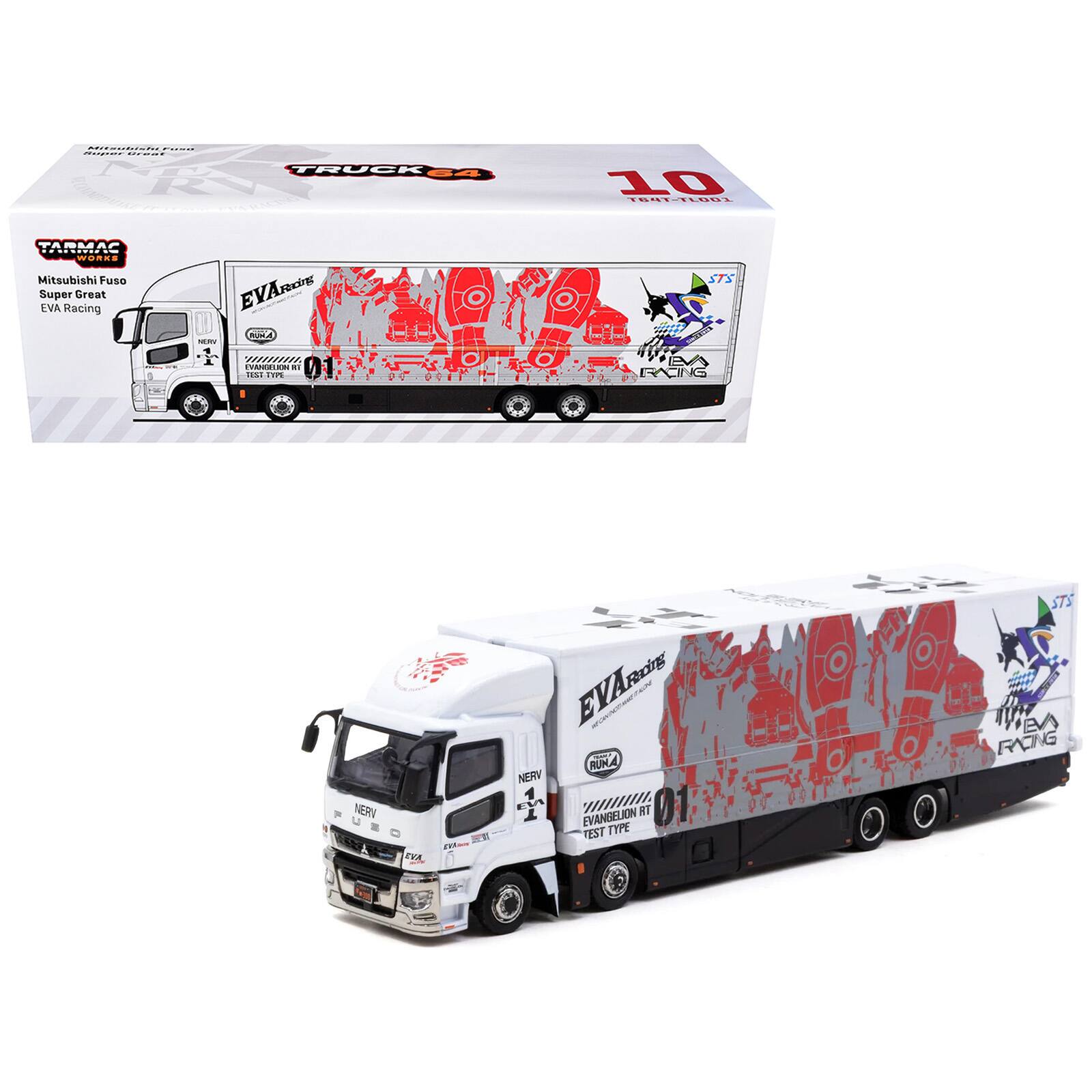 Mitsubishi Fuso Super Great Truck with Transporter "EVA Racing" White with Graphics 1/64 Diecast Car by Tarmac Works