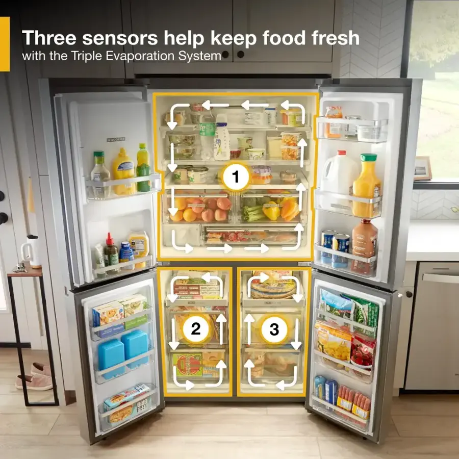 Three sensors help keep food fresh with the Triple Evaporation System.
