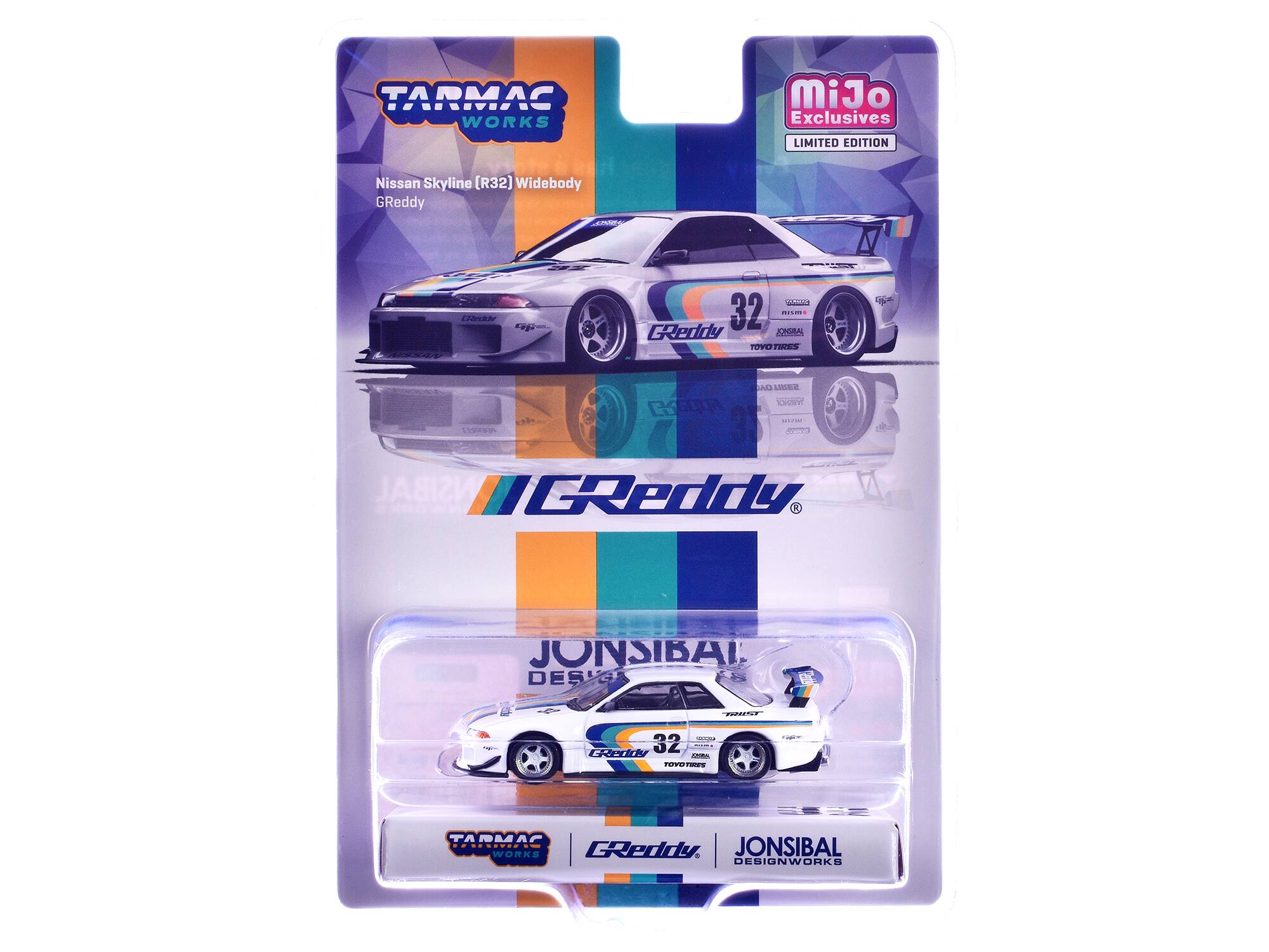 TARMAC WORKS  
MiJo Exclusives LIMITED EDITION  
Nissan Skyline [R32] Widebody GReddy  

WEST 32 INSTER GReddy 2018 TOYO TIRES  

essqua  
LAVOR TIRES TERROVOL BEBI  
NSIBAL IGReddy  
JONSIBAL DESIGN  

POOD GReddy 32 CARMIN ...... THEY  
TARMAC JONSIBAL WORKS GReddy DESIGNWORKS