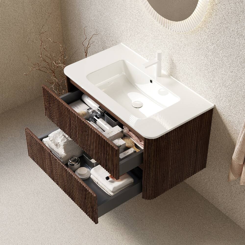 Angle. Loheer - Loheer 36 inch bathroom vanity with sink, wall mounted floating vanity, retro walnut woodgrain finish - White + Deep Walnut.
