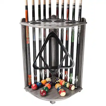 Front. GSE Games & Sports Expert - Wood 10 Corner Style Pool Cue Rack with Score Counter, Metal Hook, and Drink Holders - Brushed Grey - Brushed Grey.