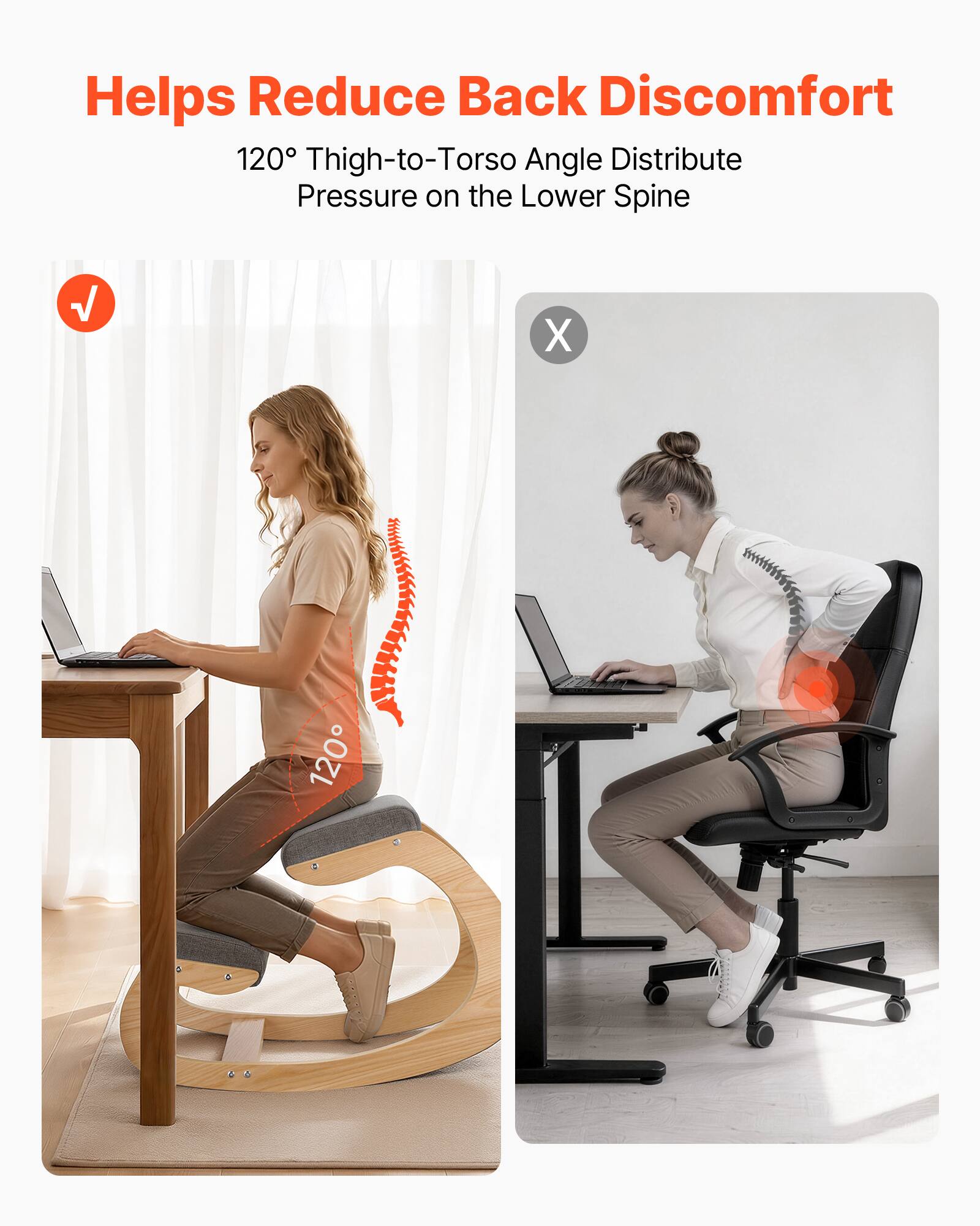 Helps Reduce Back Discomfort  
120° Thigh-to-Torso Angle Distribute Pressure on the Lower Spine