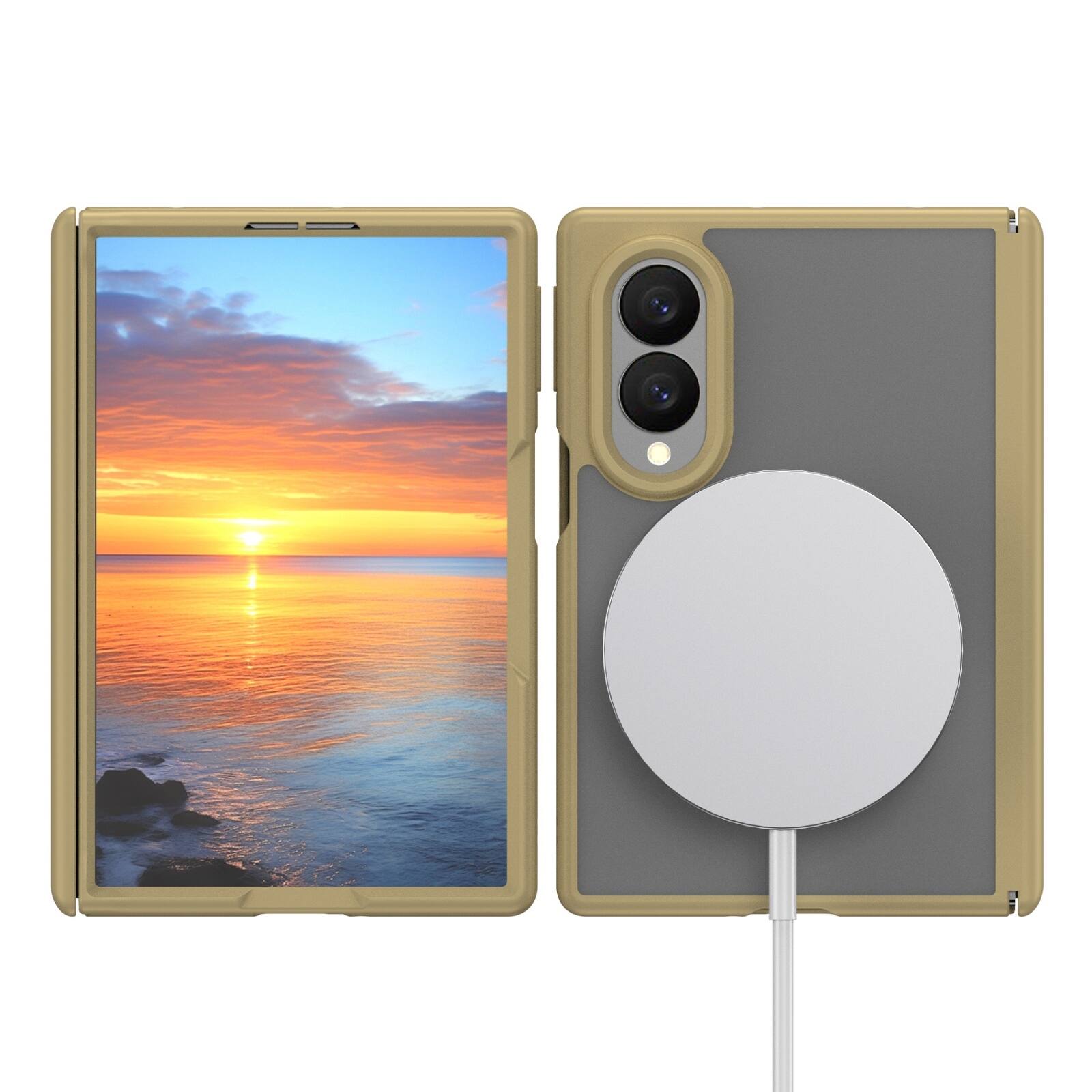 Left. Dteck - Shockproof Phone Case for Samsung Galaxy Z Fold8 Built in Screen Film, Clear Magnetic Cover with Full Hinge Protection - Gold.