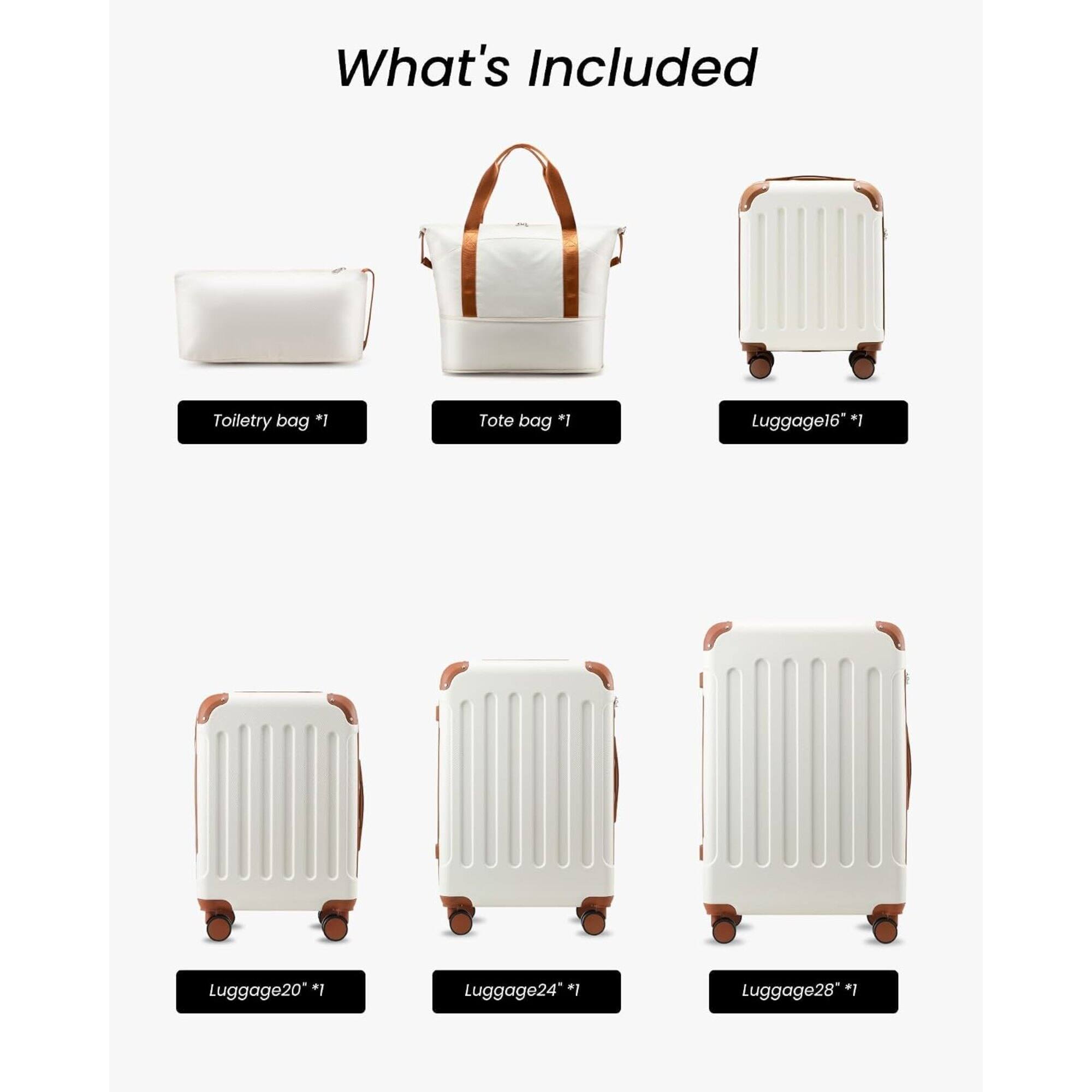 What's Included

- Toiletry bag *1
- Tote bag *1
- Luggage16* *1
- Luggage20* *1
- Luggage24* *1
- Luggage28* *1