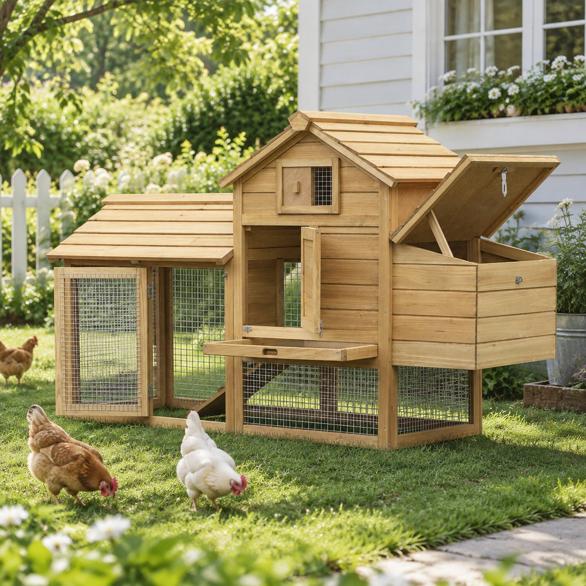 Back. RYHNUYNE - 59 in Wooden Chicken Coop, Fir Wood Hen House, Nesting Box, Removable Tray, Outdoor Backyard.