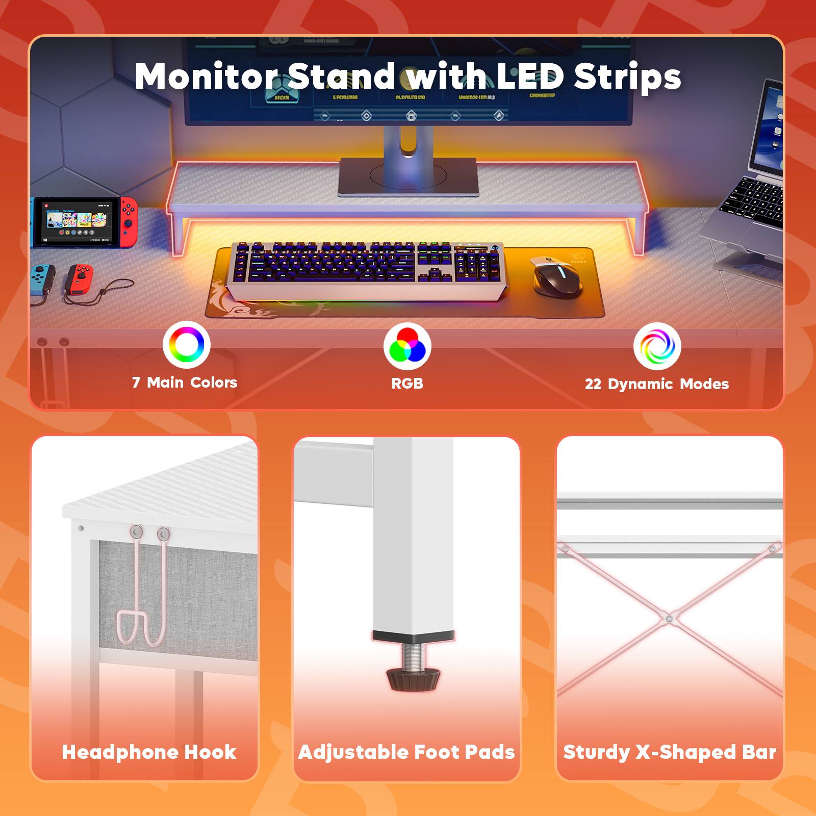 Monitor Stand with LED Strips -- ImRE -- I - . I . a - a - - 7 Main Colors RGB 22 Dynamic Modes Headphone Hook Adjustable Foot Pads Sturdy X-Shaped Bar