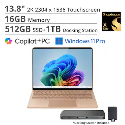 13.8" 2K 2304 x 1536 Touchscreen
16GB Memory
512GB SSD + 1TB
Snapdragon X Elite
Copilot+PC
Windows 11 Pro
Docking Station Included