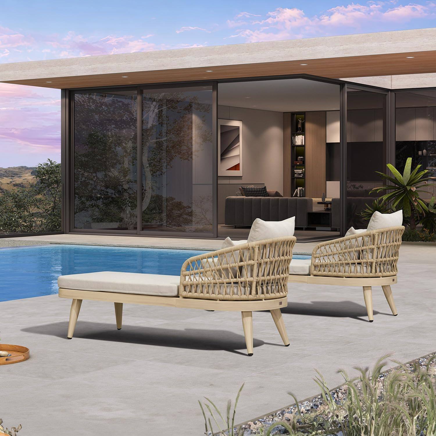 Alt View 1. PURPLE LEAF - 2 Pieces Aluminum Pool Lounge Chairs for Outdoor with 2 Cushions - Champagne Beige.