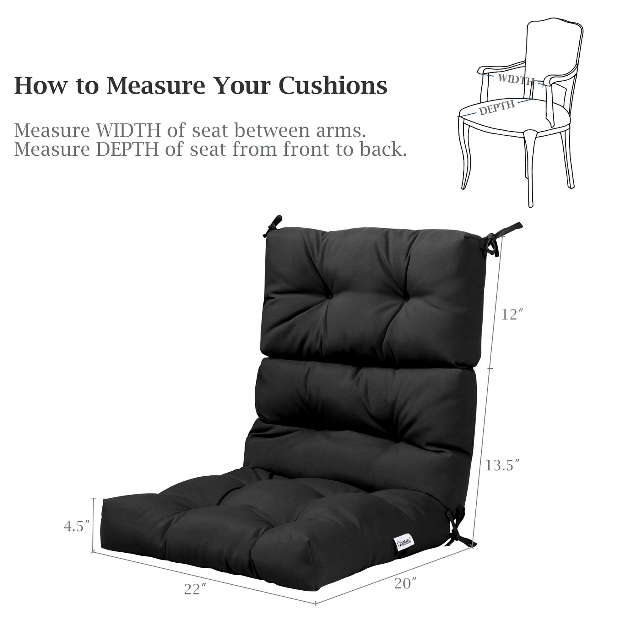 How to Measure Your Cushions

Measure WIDTH of seat between arms.  
Measure DEPTH of seat from front to back.

WIDTH 12"  
DEPTH 13.5"  
4.5"  
22"  
20"