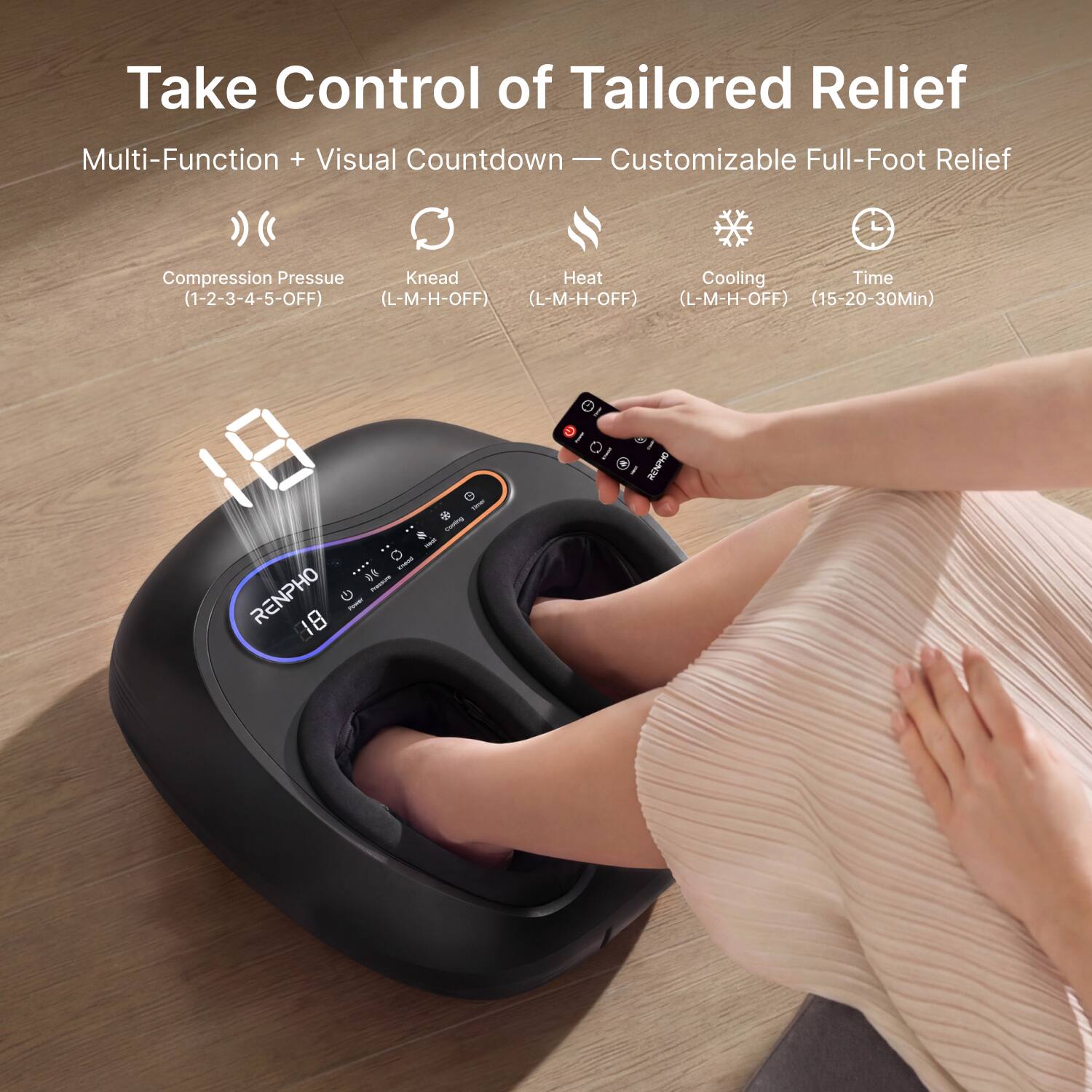 Take Control of Tailored Relief  
Multi-Function + Visual Countdown - Customizable Full-Foot Relief  
Compression Pressure (1-2-3-4-5-OFF)  
Knead (L-M-H-OFF)  
Heat (L-M-H-OFF)  
Cooling (L-M-H-OFF)  
Time (15-20-30Min)