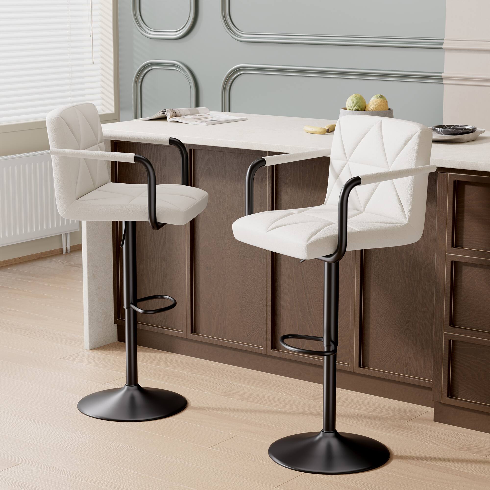 Front. HTUTWOO - PU Leather Bar Stools Set of 2, Swivel Counter Height Chairs, Airlift Barstools with Back and Arms for Kitchen, Pub - White.