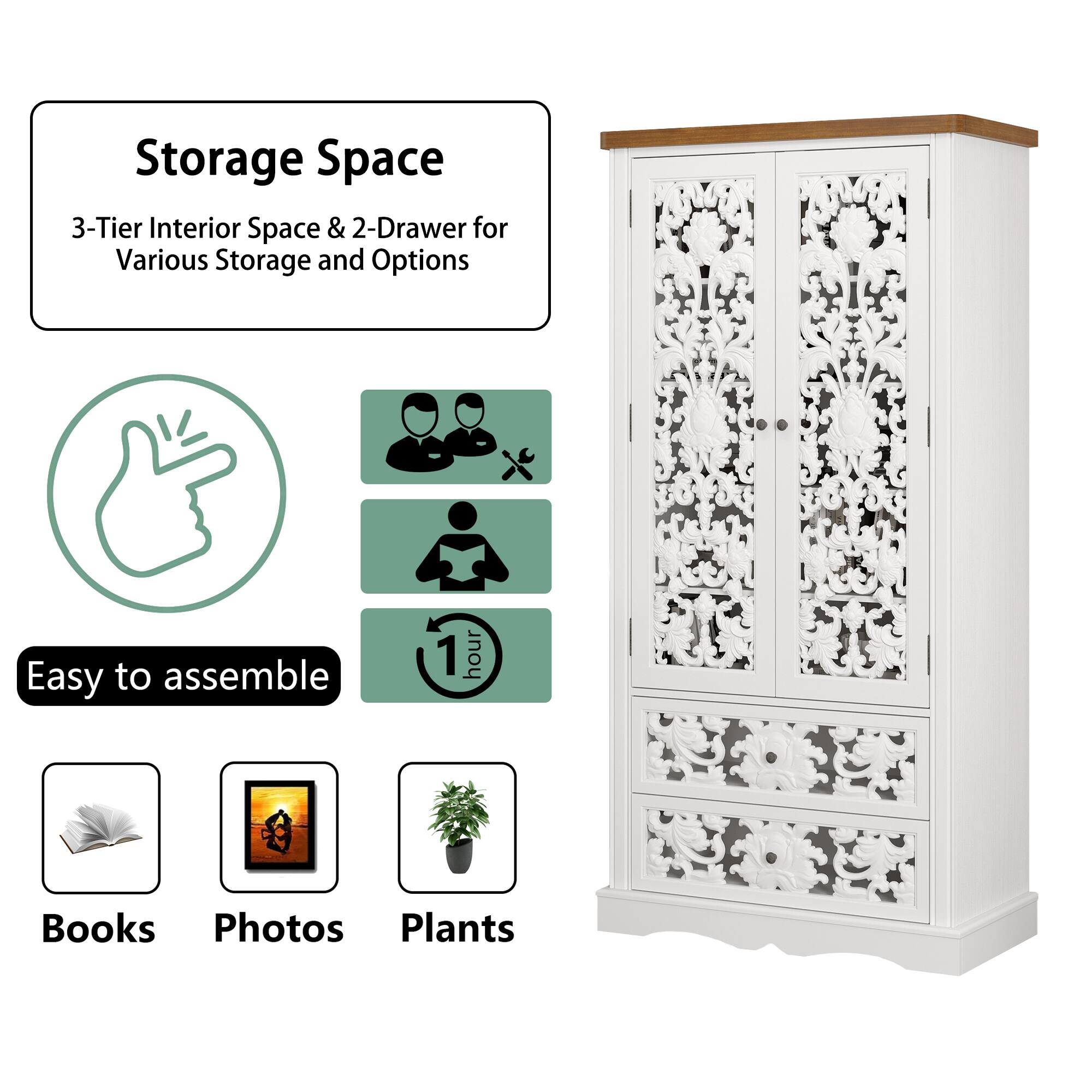 Storage Space 3-Tier Interior Space & 2-Drawer for Various Storage and Options

Easy to assemble 1 hour

Books Photos Plants