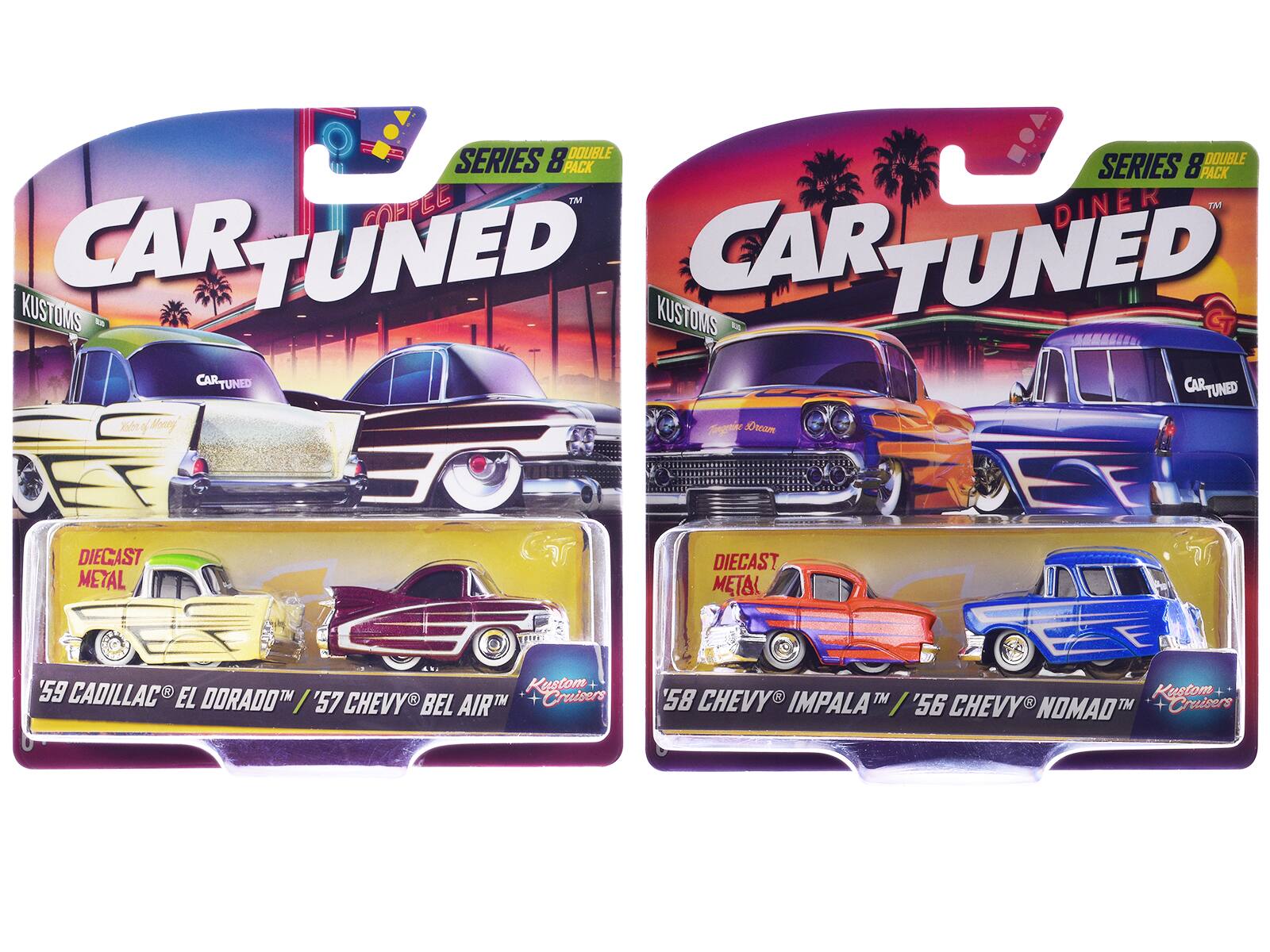 DOUBLE DOUBLE SERIES 8 PACK SERIES 8 PACK ZM COFFEE DINER TM CAR TUNED CAR TUNED KUSTOMS KUSTOMS CARTUNED CAR UNED CAR ARTUNED Z o Moory Jgn 3ta DIECAST METAL 59 CADILLAC Kustom + EL DORADO / '57 CHEVY BEL AIR + Cruisers 58 CHEVY TM Kustom IMPALA '56 CHEVY NOMAD + Cruisers