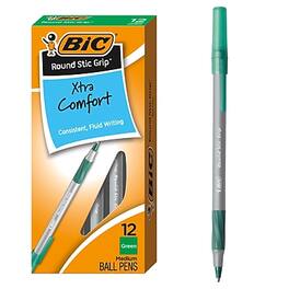 BIC - Round Stic Grip Xtra Comfort Ballpoint Pens, Medium Point, Dozen - Green Ink