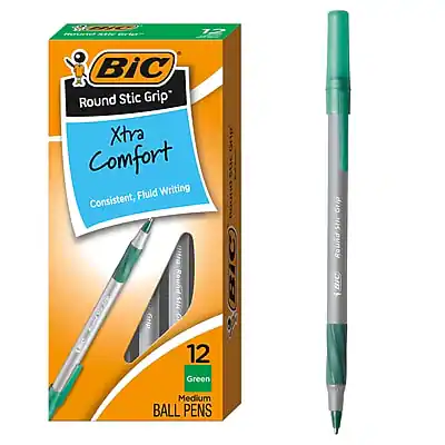 BIC Round Stic Grip
Extra Comfort
Consistent, Fluid Writing
12 Green Medium Ball Pens
