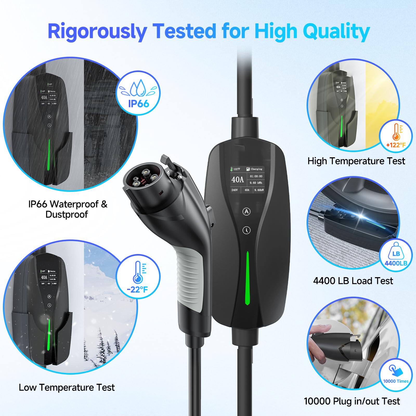 Rigorously Tested for High Quality

- IP66 Waterproof & Dustproof
- High Temperature Test +122°F
- Low Temperature Test -22°F
- 4400 LB Load Test
- 10000 Plug in/out Test