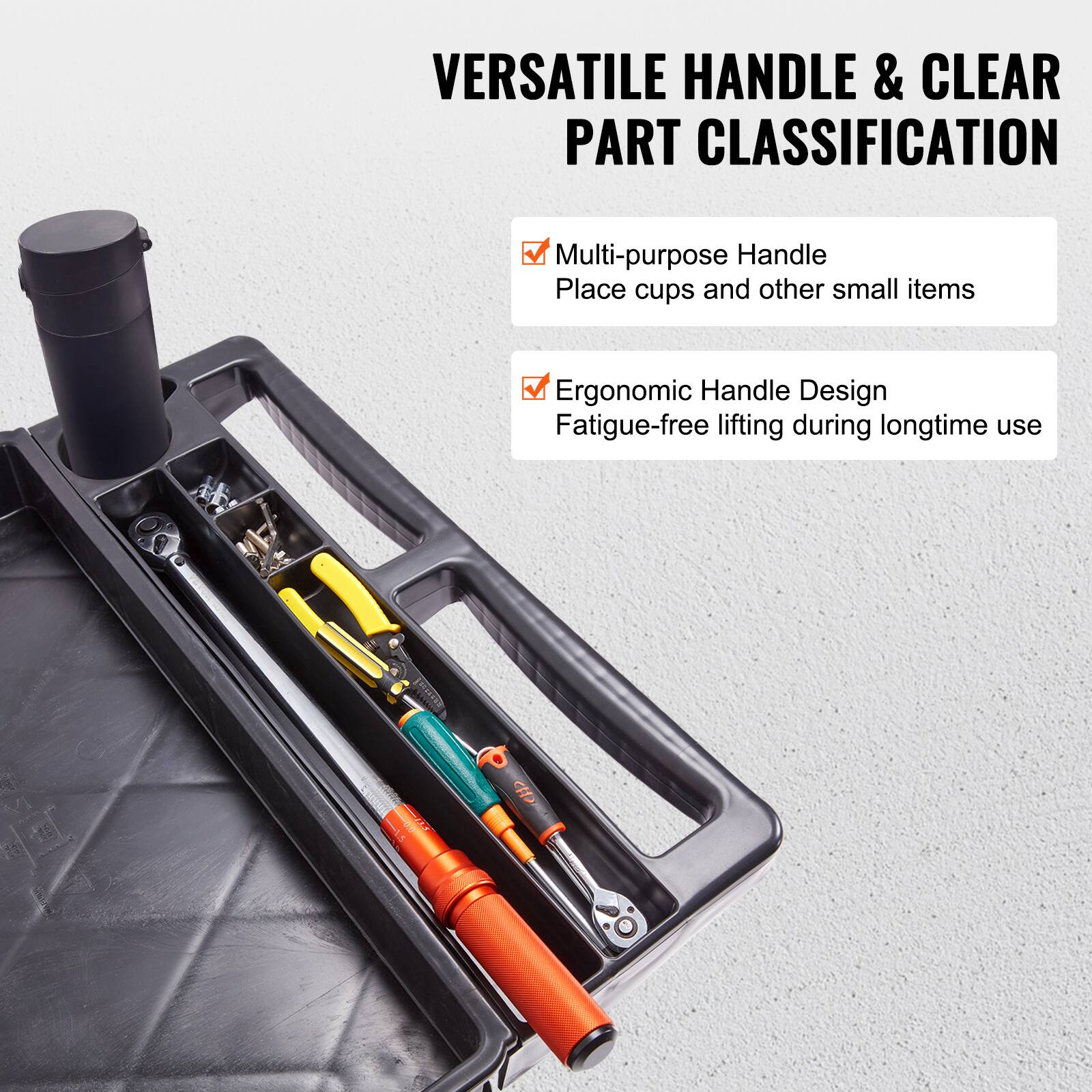 VERSATILE HANDLE & CLEAR PART CLASSIFICATION

Multi-purpose Handle
Place cups and other small items

Ergonomic Handle Design
Fatigue-free lifting during longtime use