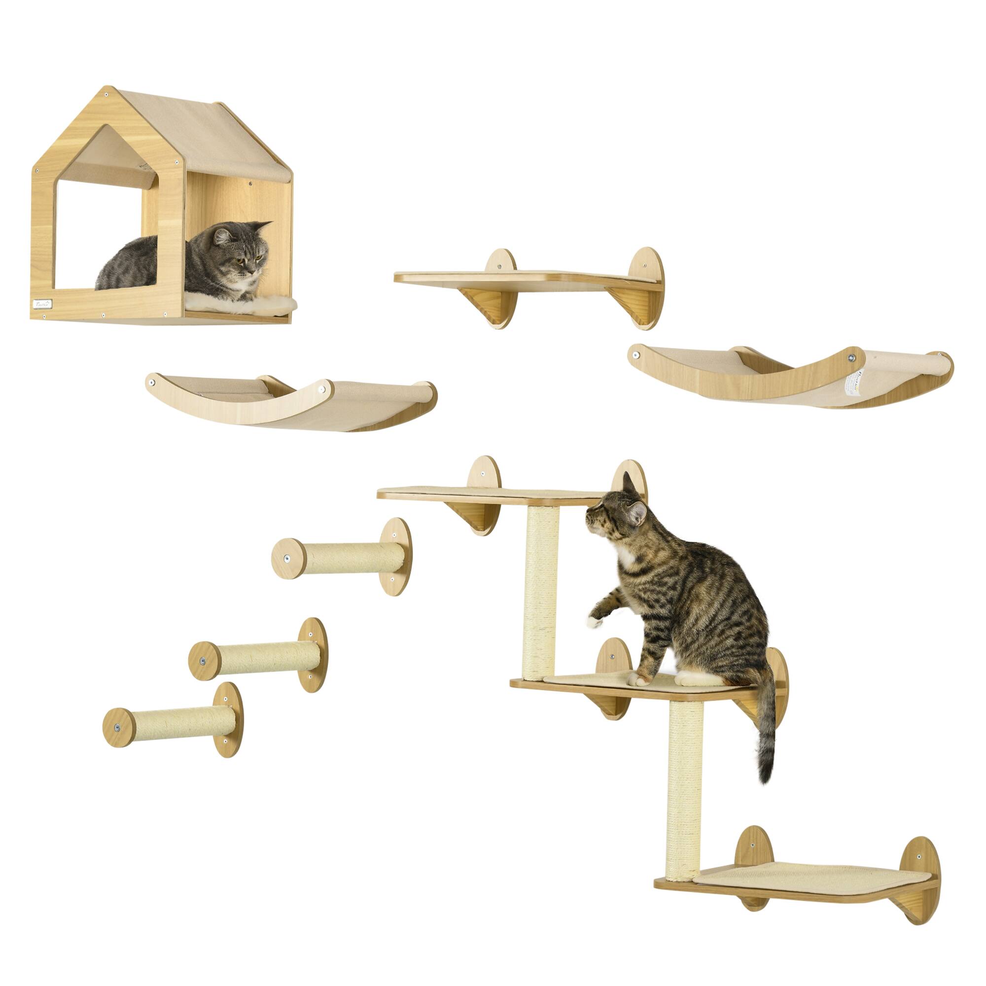 Front. Pawhut - 8Pcs Wall Mounted Cat Tree Shelf Set, Cat Wall Furniture with Hammocks, Condo, Perches, Steps, Modern Indoor Cat Tree - Oak.