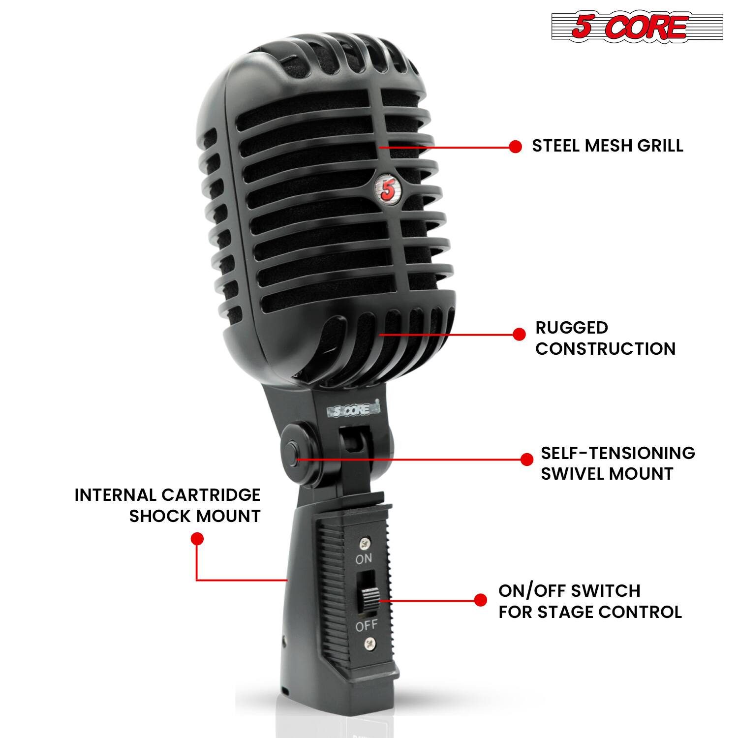 5 CORE STEEL MESH GRILL  
5 RUGGED CONSTRUCTION  
CORE INTERNAL CARTRIDGE SHOCK MOUNT  
SELF-TENSIONING SWIVEL MOUNT  
ON/OFF SWITCH FOR STAGE CONTROL