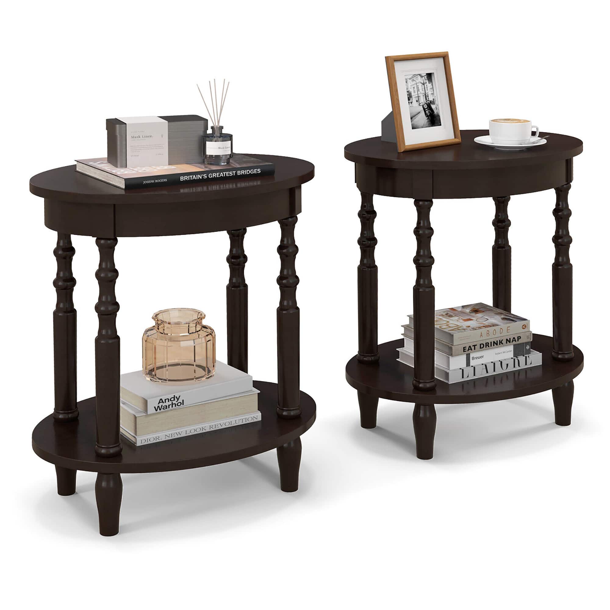 Gymax - 2 PCS 2-Tier End Table Oval Compact Sofa Side Nightstand w/ Storage Shelf - Espresso price history on PriceWatchPro